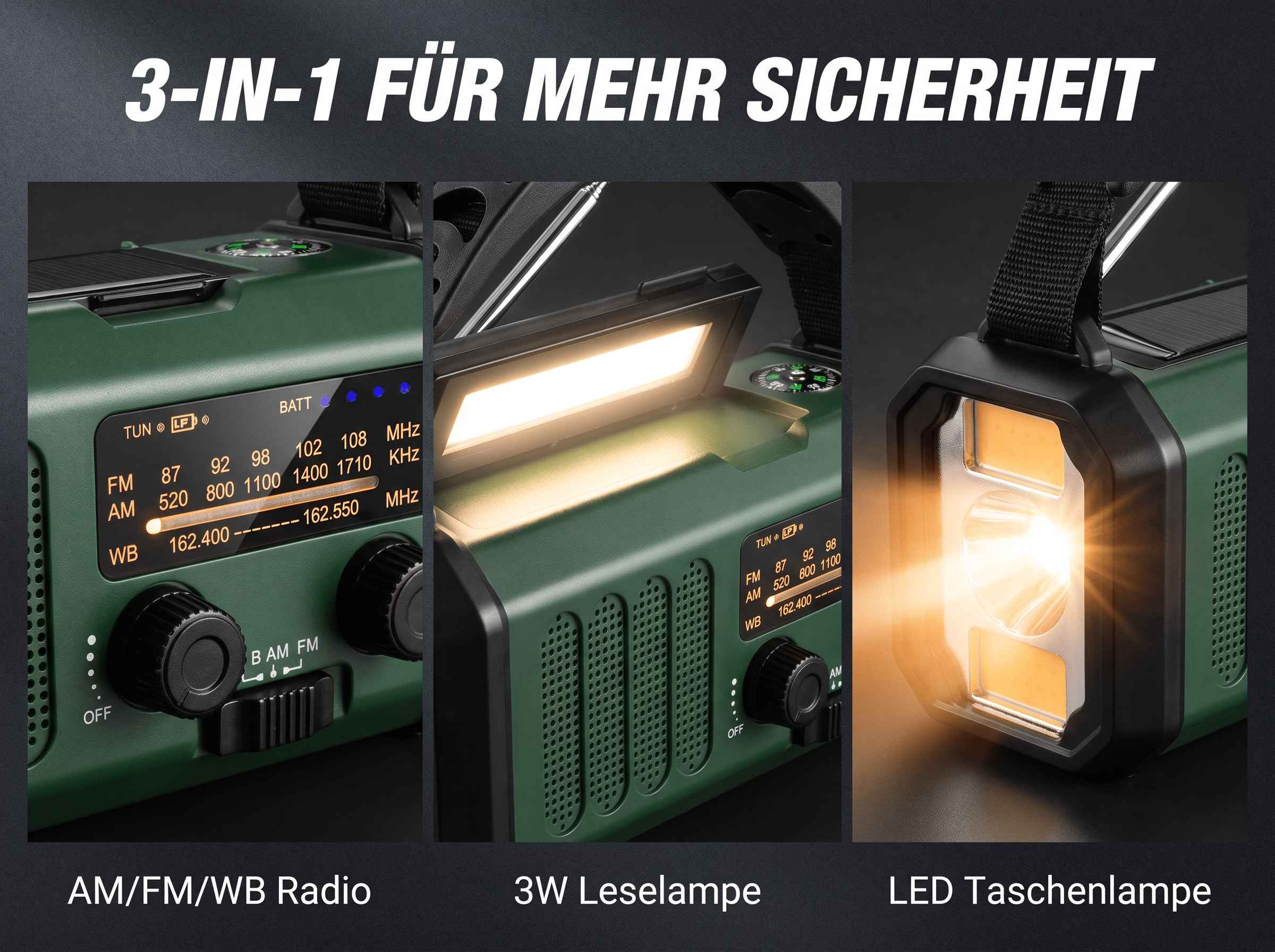 Grünes 3-in-1-Gerät mit AM/FM/WB-Radio, Leselampe und LED-Taschenlampe.
