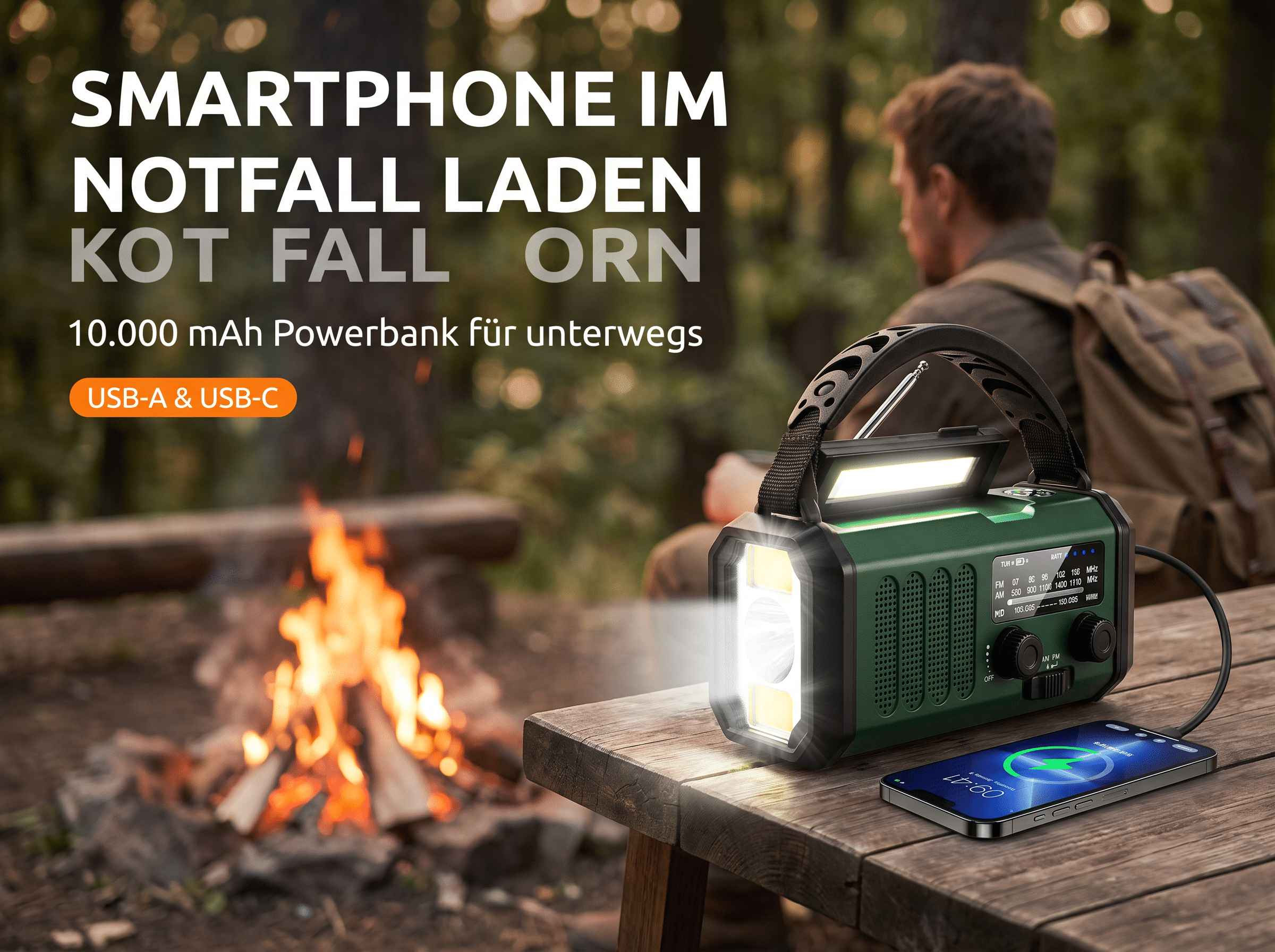 Ein grünes Notfallradio auf einem Holztisch lädt draußen ein Smartphone am Lagerfeuer.