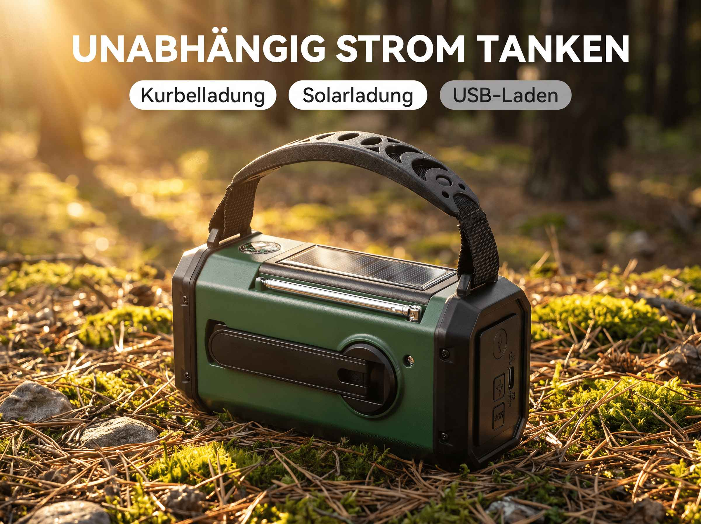Grünes Notfall-Radio mit Solarladung und Kurbel im Wald, Sonnenlicht im Hintergrund.