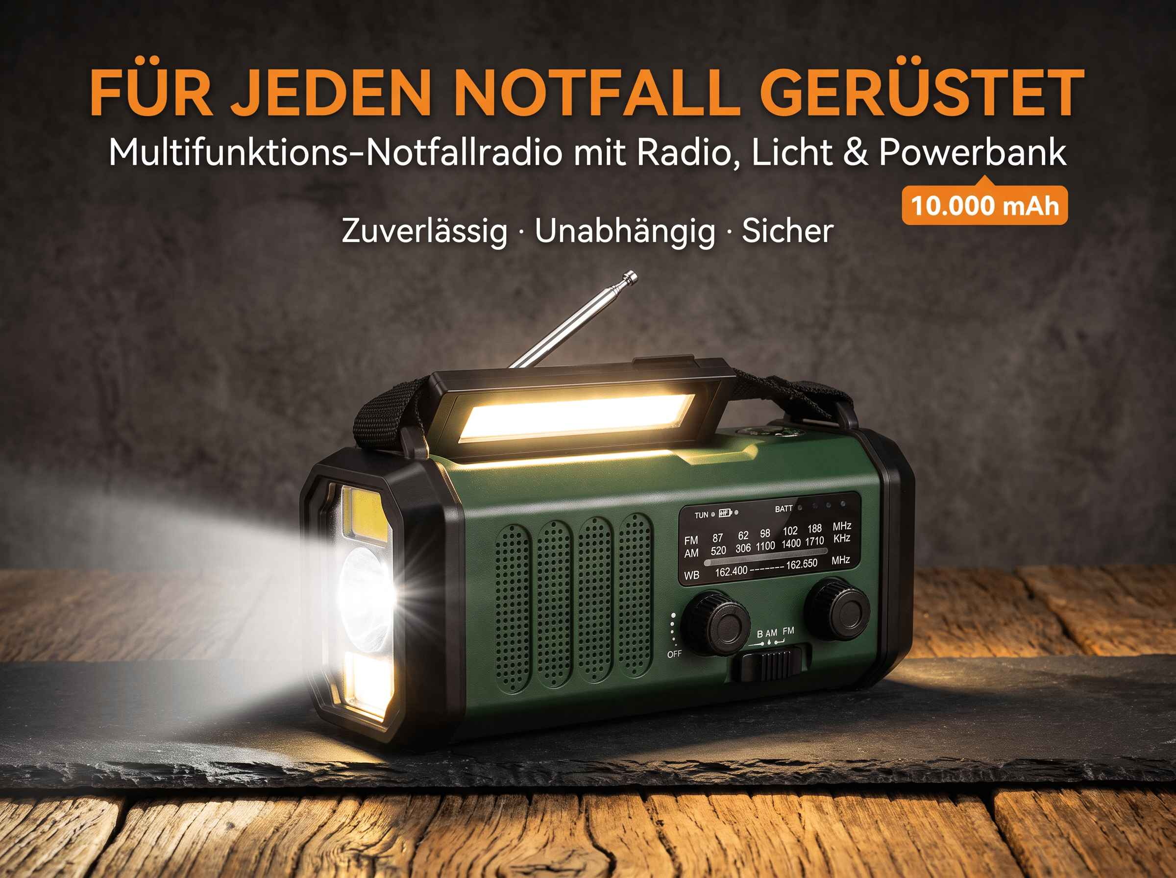 Ein grünes Notfallradio mit Antenne, eingeschalteter Taschenlampe und Lampe oben auf dunklem Schiefer, mit deutschem Text.