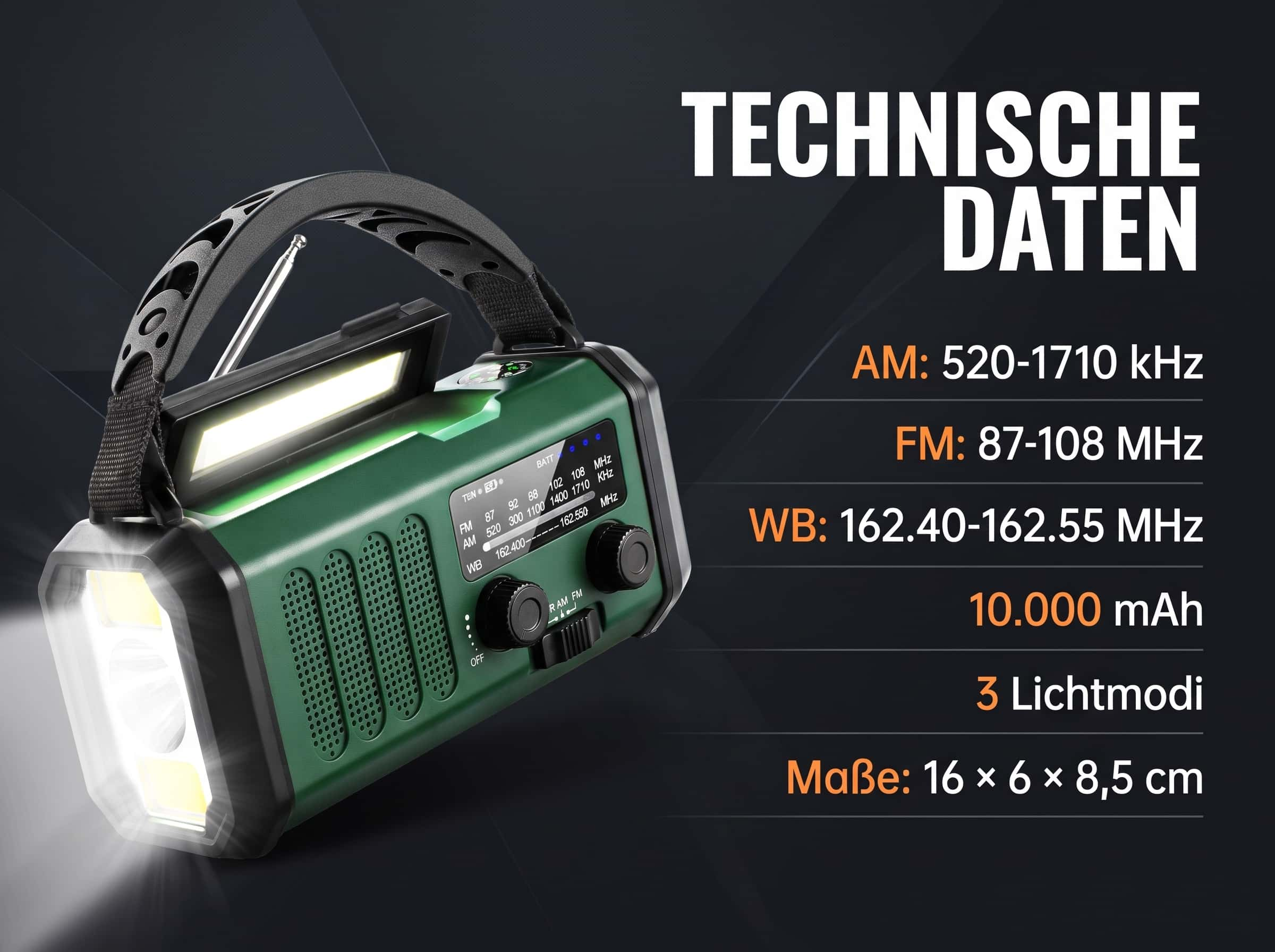 Grünes Notfallradio mit LED-Leuchte und technischen Daten auf dunklem Hintergrund.