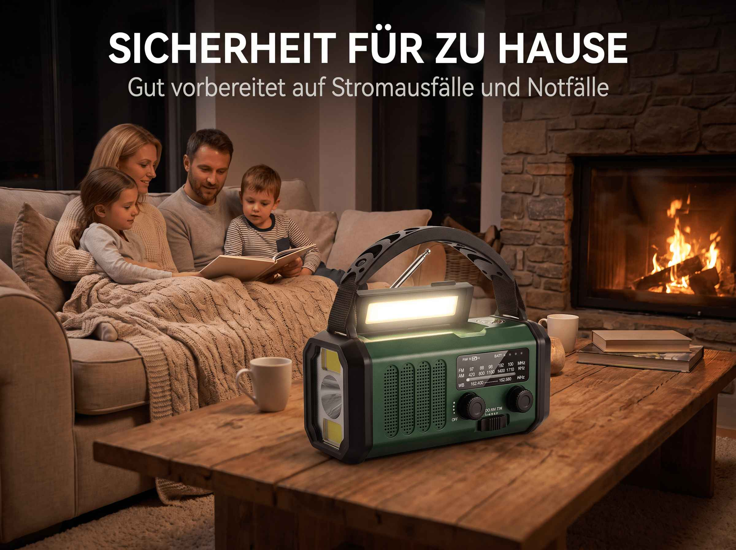 Eine Familie sitzt im Wohnzimmer auf einem Sofa, im Vordergrund steht ein grünes Notfallradio mit Lampe auf einem Tisch.