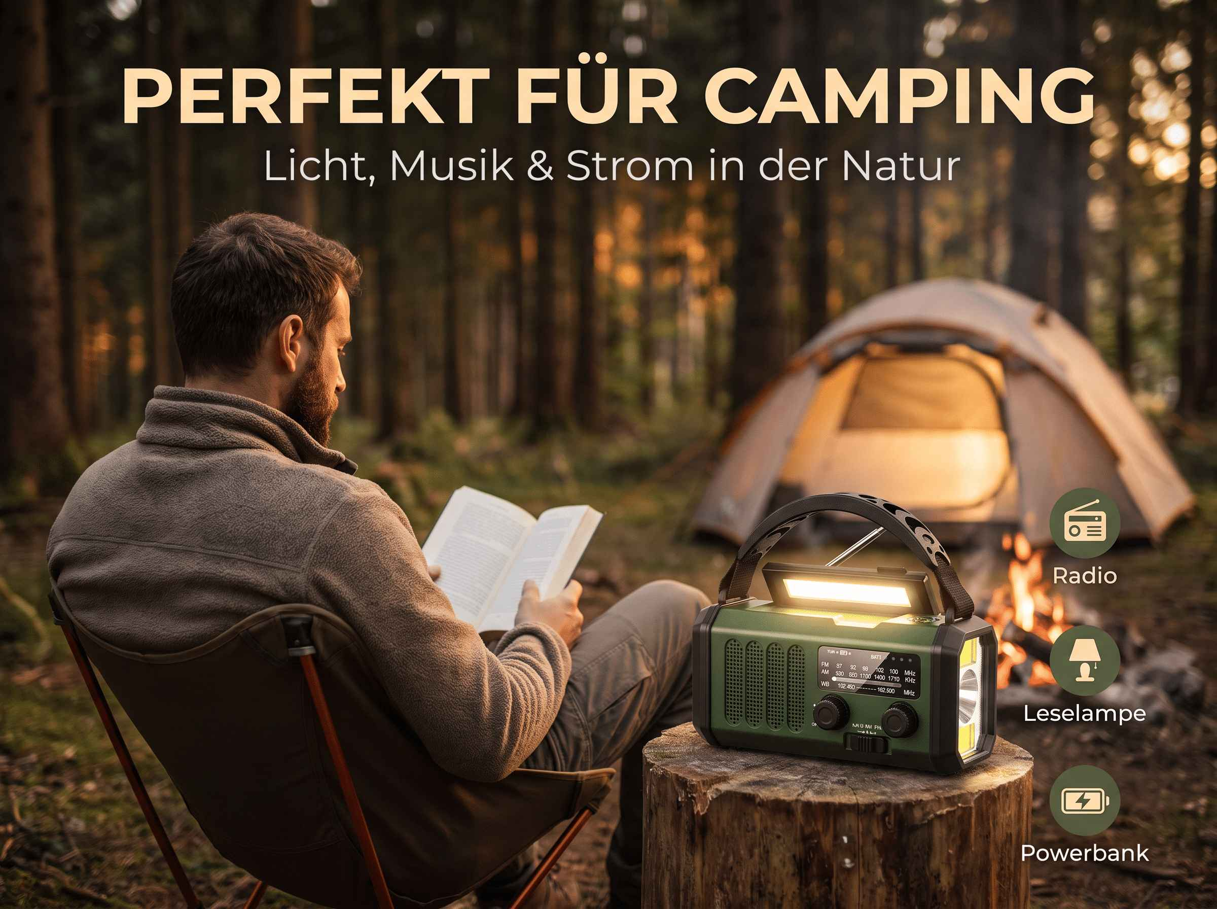 Ein Mann sitzt in einem Zeltlager im Wald und liest ein Buch neben einem grünen Multifunktionsradio.