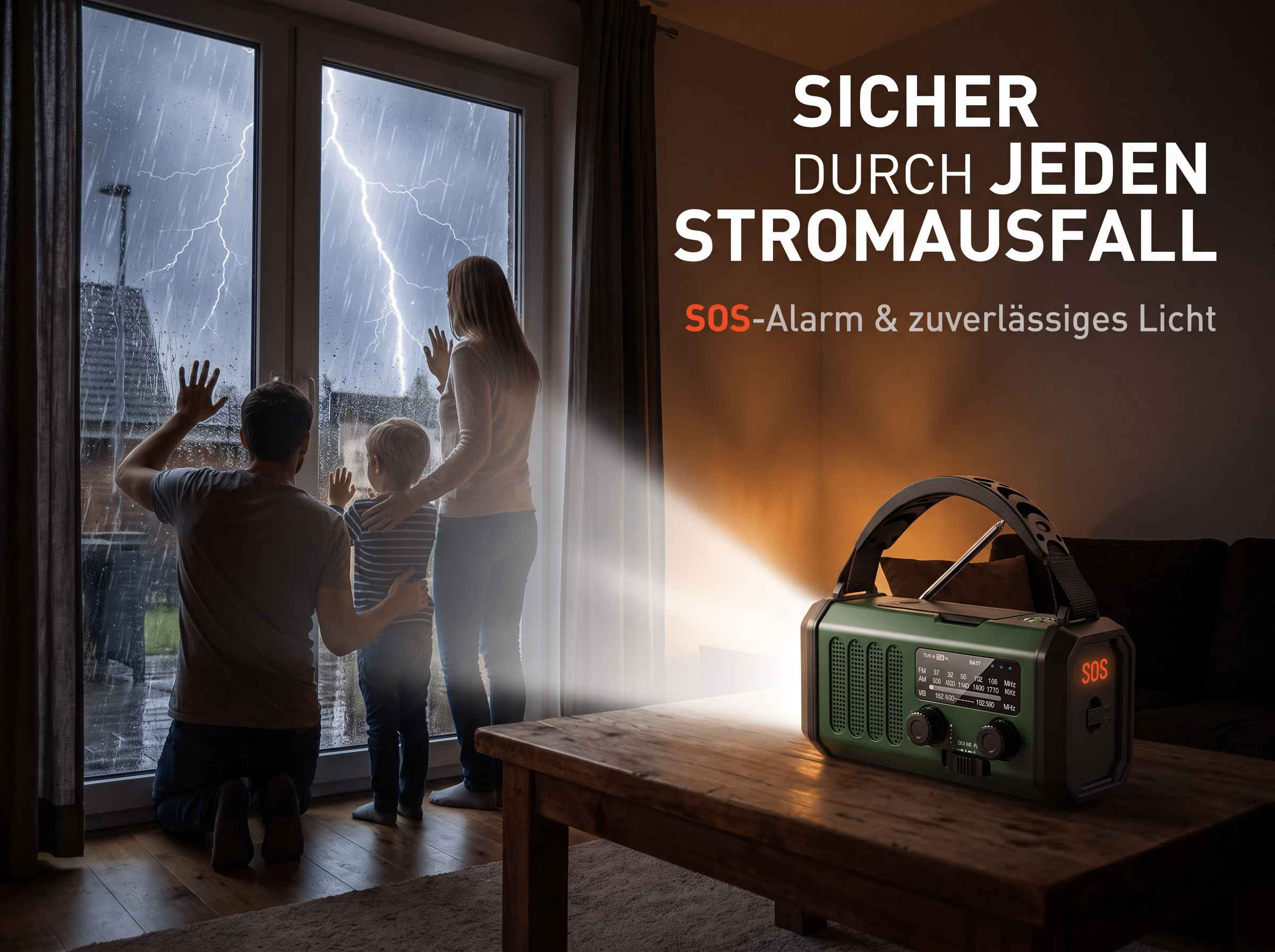 Eine Familie blickt aus dem Fenster, während ein Notfallradio drinnen hell leuchtet.
