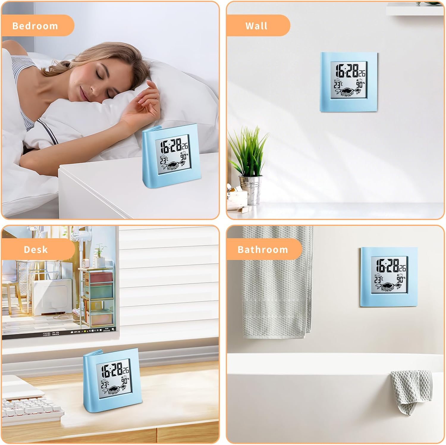 Eine blaue Digitaluhr zeigt Uhrzeit und Wetter in einem Schlafzimmer, an der Wand, auf dem Schreibtisch und im Bad.