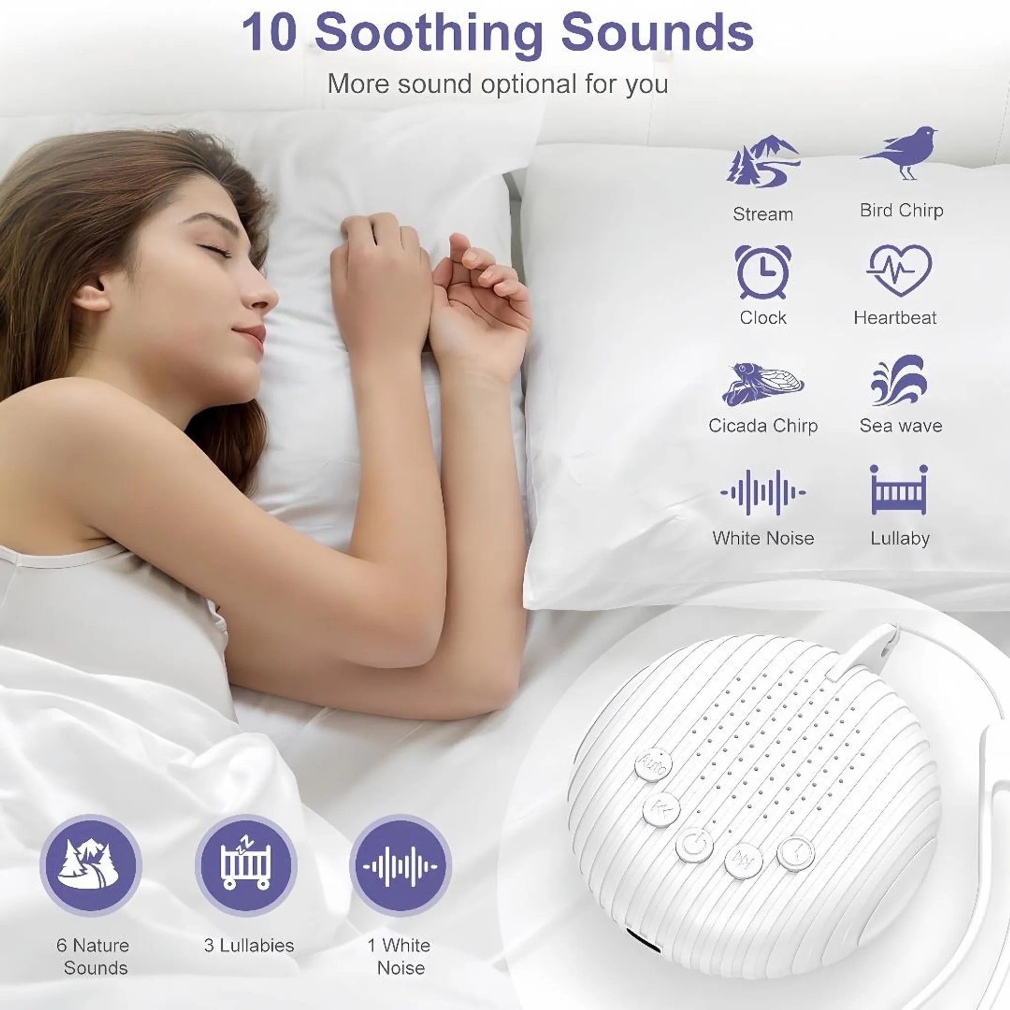 Eine Frau schläft friedlich im Bett neben einer weißen Soundmaschine.