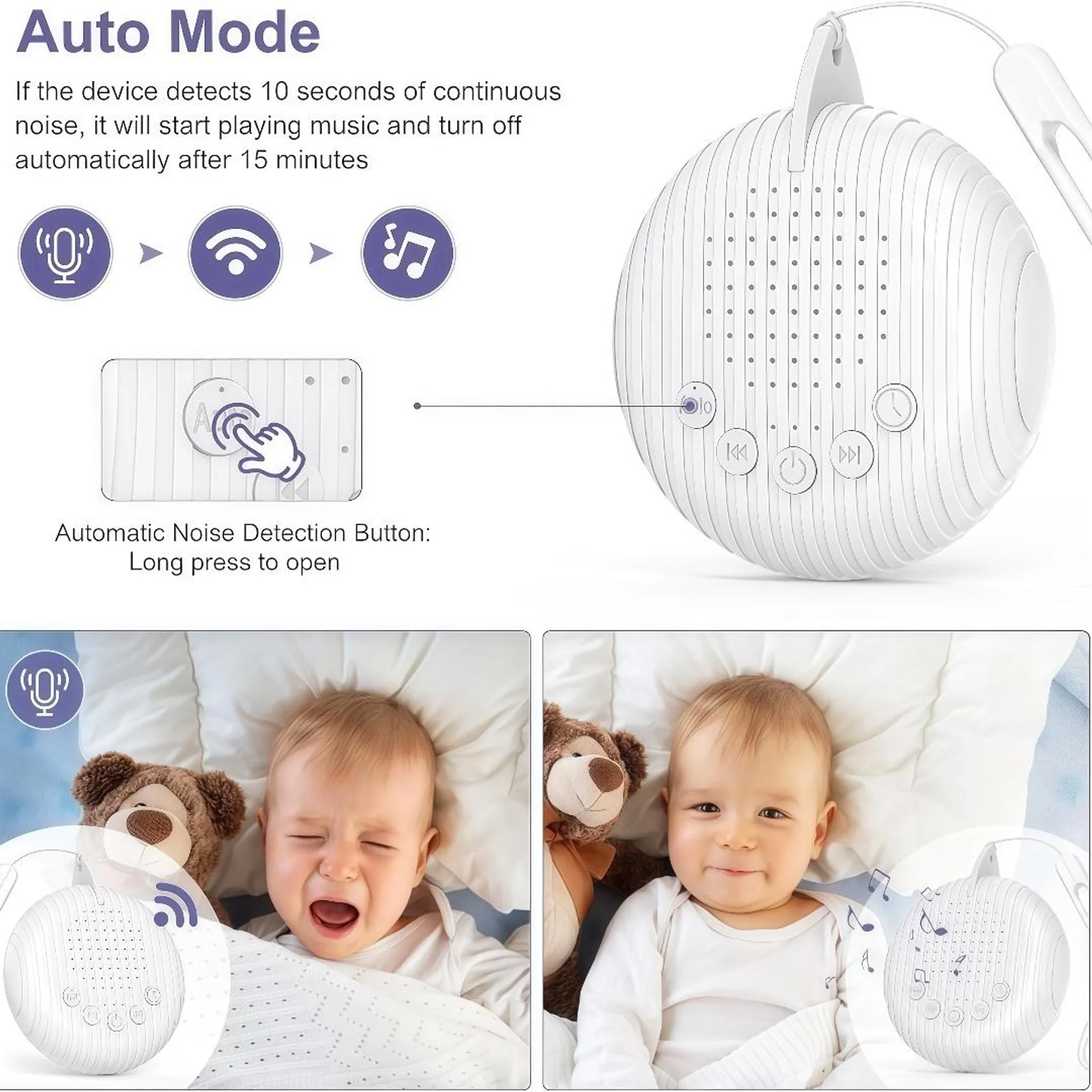 Automatischer Modus für weiße Rauschmaschine und weinendes Baby, das beruhigt wird.