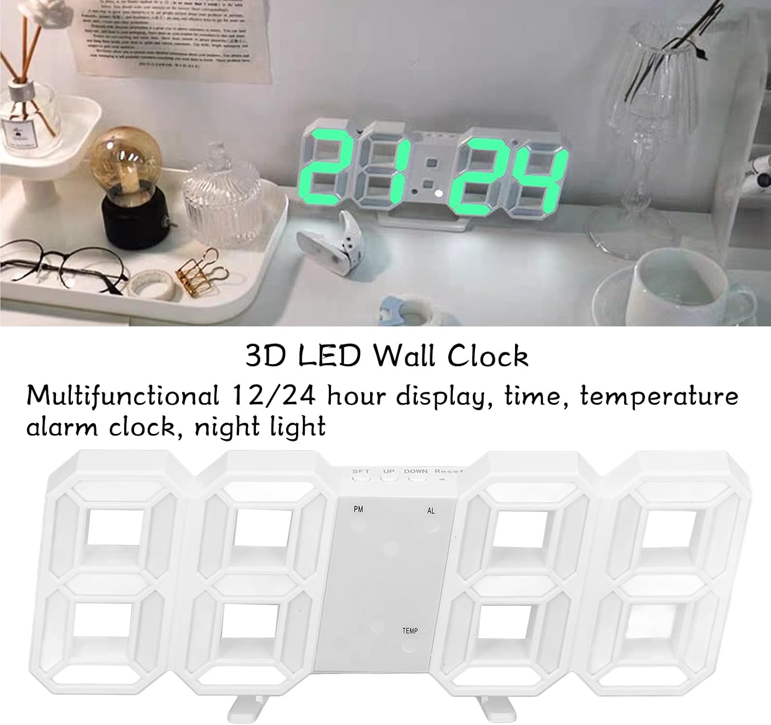 Eine weiße 3D-LED-Wanduhr mit grünen Ziffern steht auf einem Tisch mit Deko.