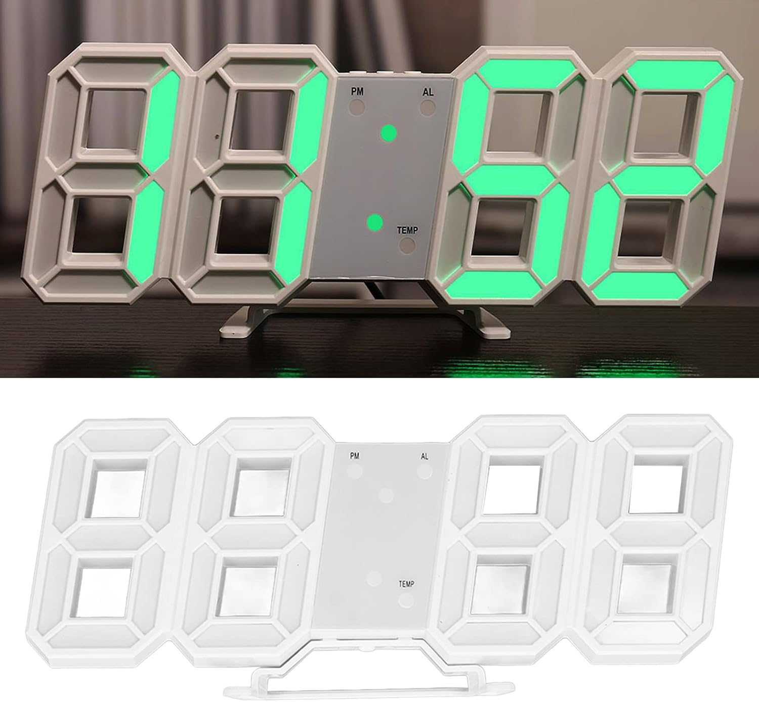 Moderne weiße Digitaluhr mit grüner LED-Anzeige auf einem Tisch.