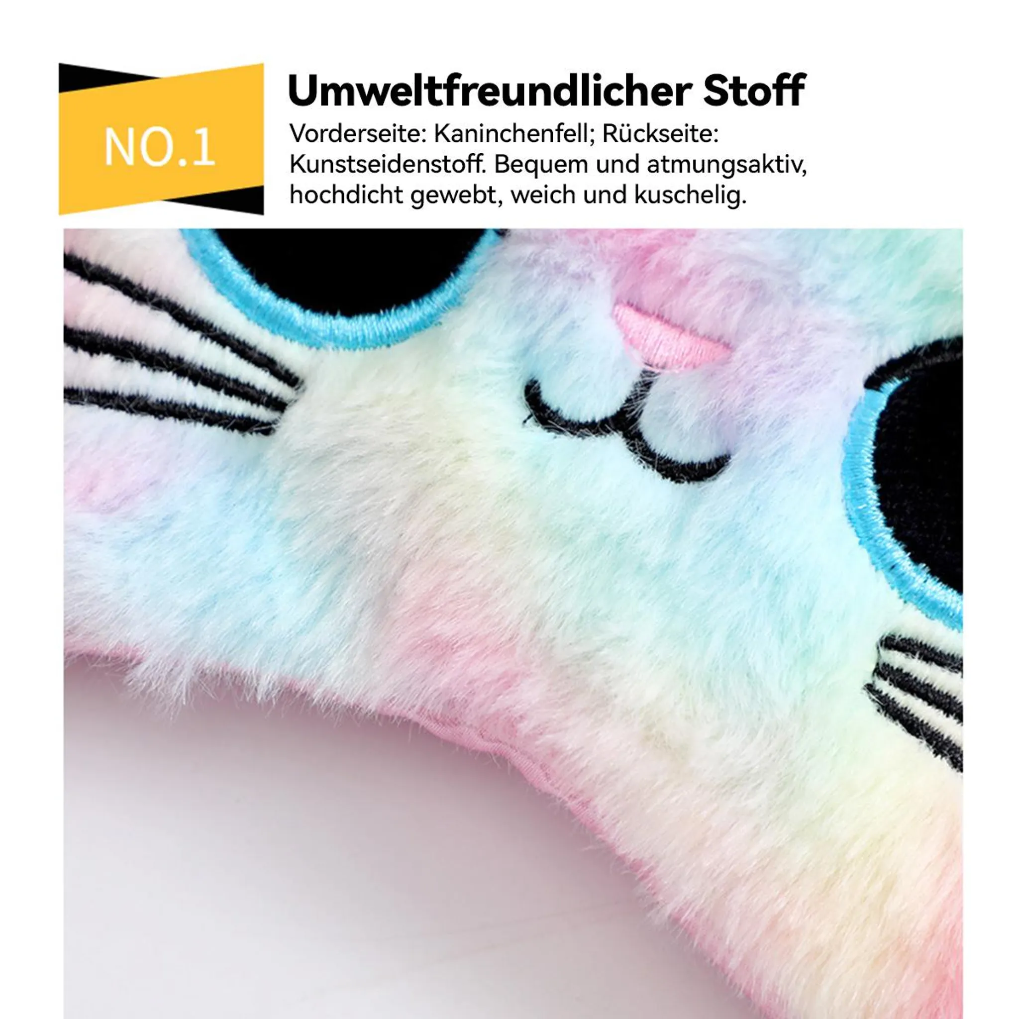 Flauschige Plüsch-Schlafmaske im Regenbogen-Design mit Katzenstickerei und deutschem Text.
