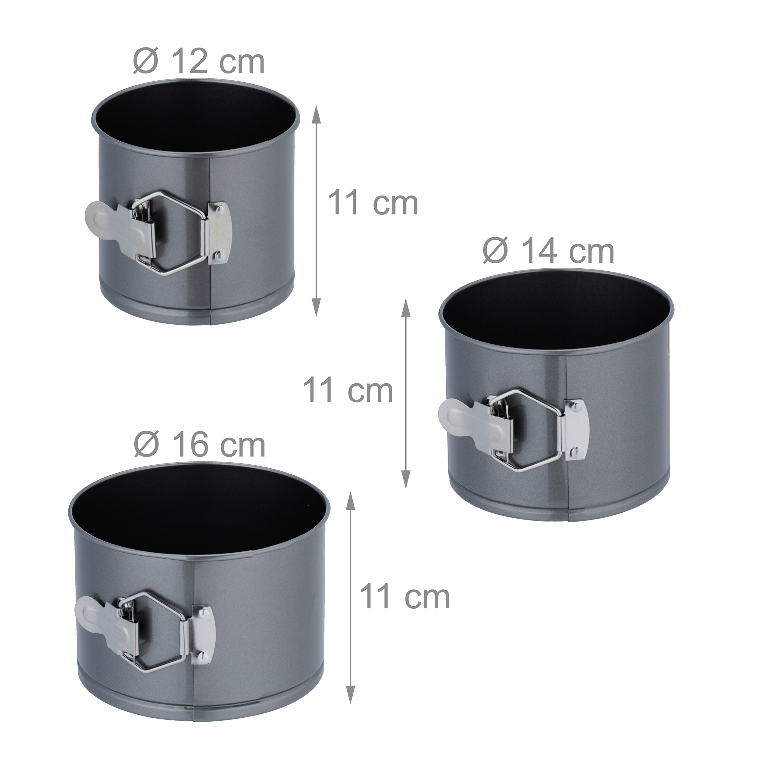 Drei graue Springformen mit Silberverschluss, Höhe 11 cm, Durchmesser 12 cm, 14 cm und 16 cm.