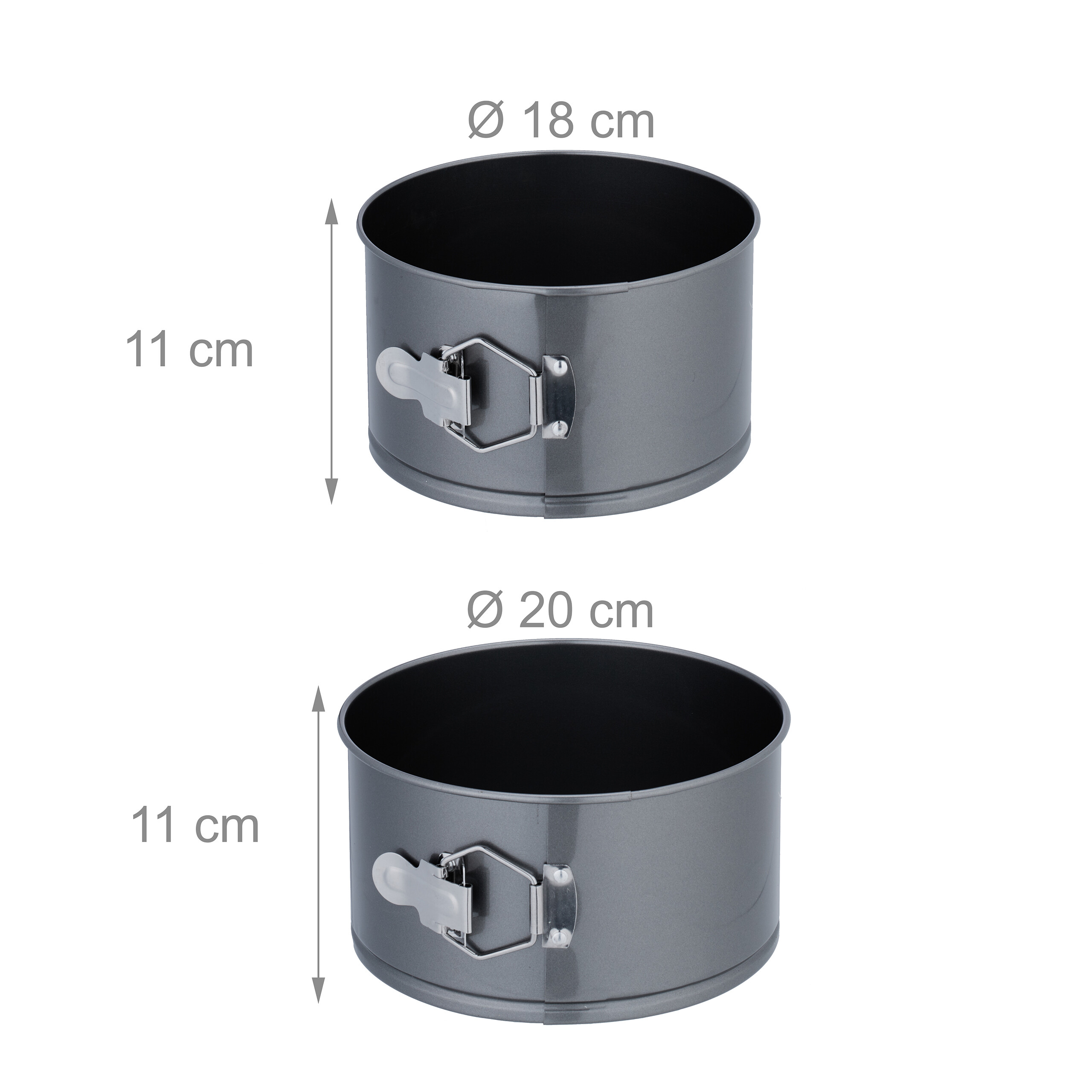 Zwei graue Springformen mit Silberverschlüssen, 18 cm und 20 cm Durchmesser, je 11 cm hoch.