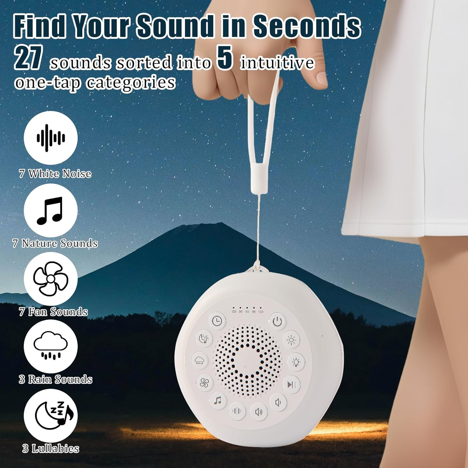 Hand hält weiße tragbare Soundmaschine vor nächtlicher Bergkulisse mit Text.