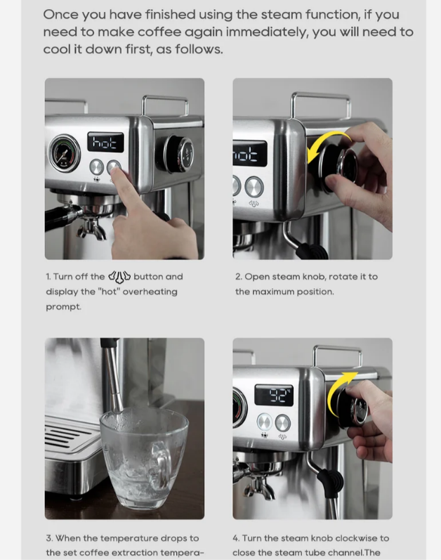 Anleitungsbilder zur Abkühlung einer Espressomaschine nach Dampfnutzung in vier Schritten.