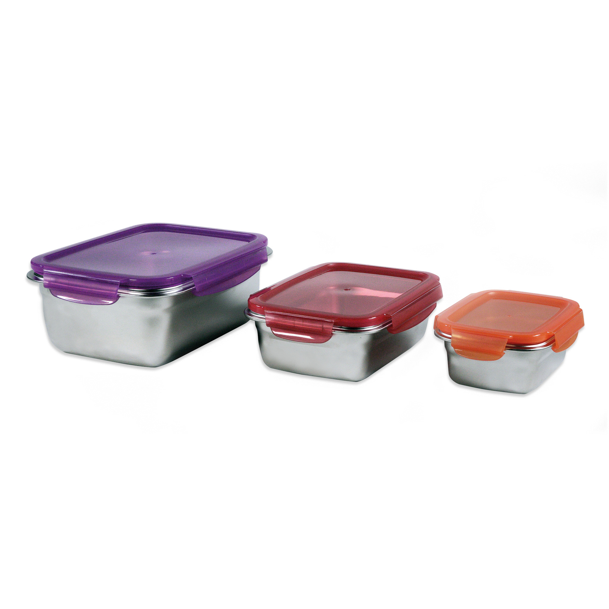 Tre contenitori per alimenti in acciaio inox con coperchi viola, rosso e arancione, allineati dal più grande al più piccolo.