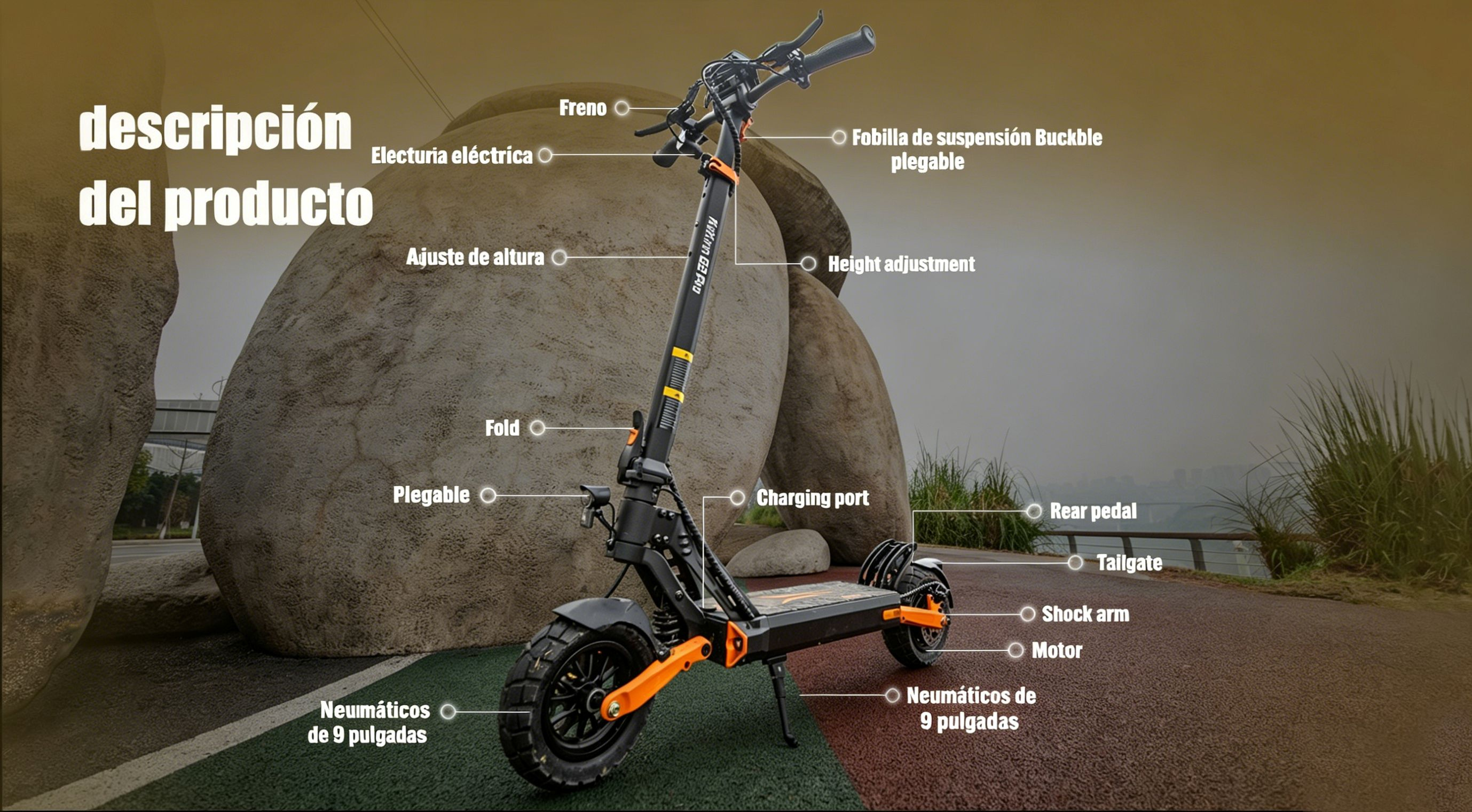 Un patinete eléctrico negro se encuentra ante rocas redondas, mostrando características con etiquetas.