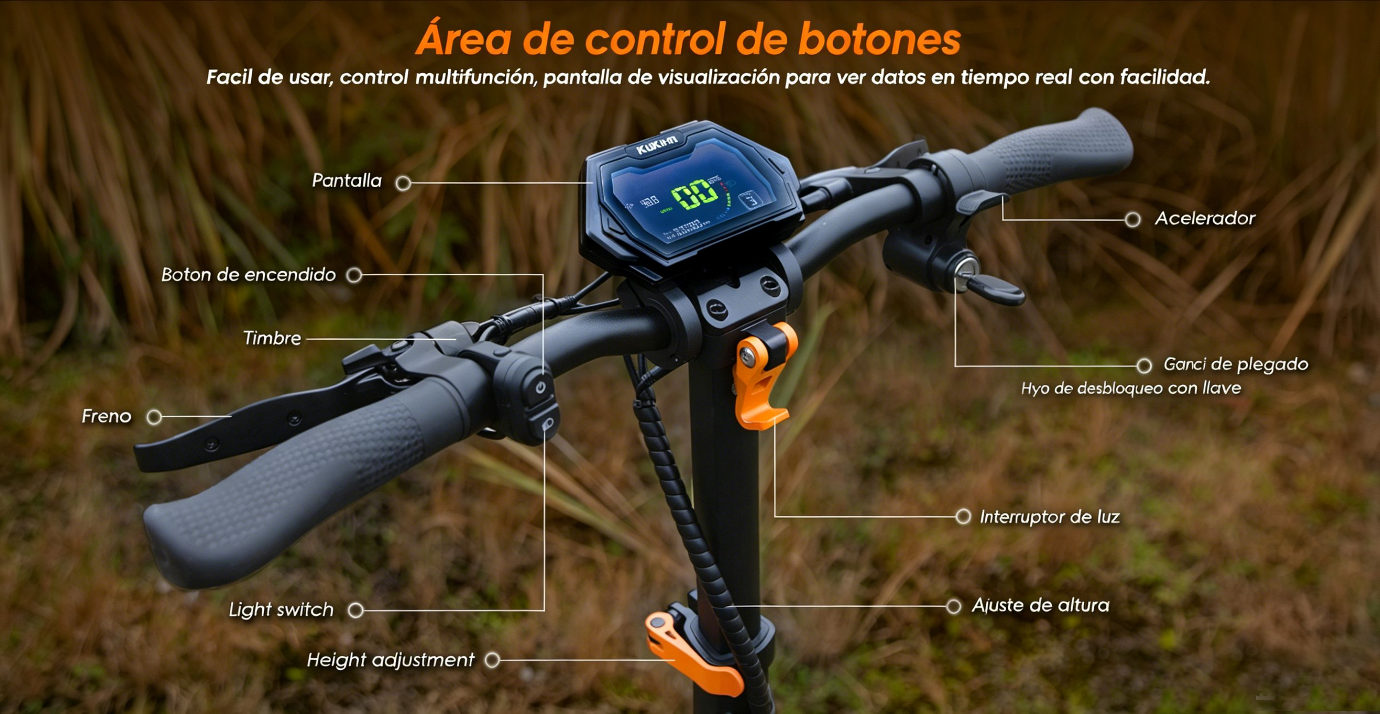 Primer plano del manillar de un patinete eléctrico con partes etiquetadas como pantalla, acelerador, frenos y botones.