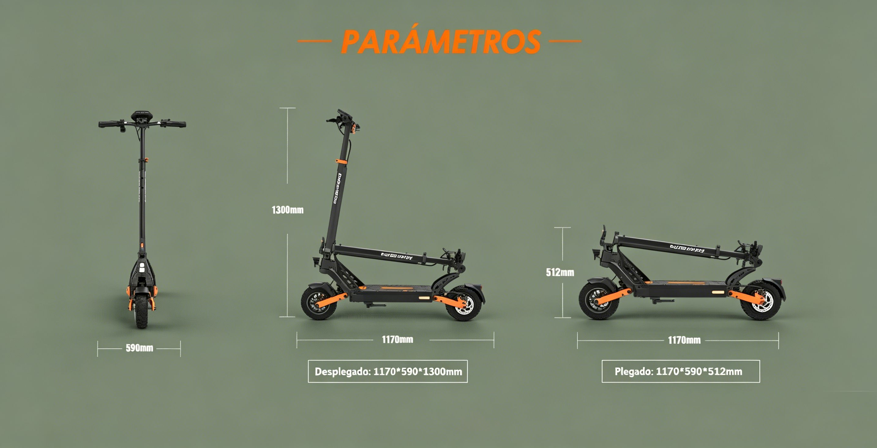 Diagrama que muestra las dimensiones de un patinete eléctrico negro con detalles naranjas desplegado y plegado.