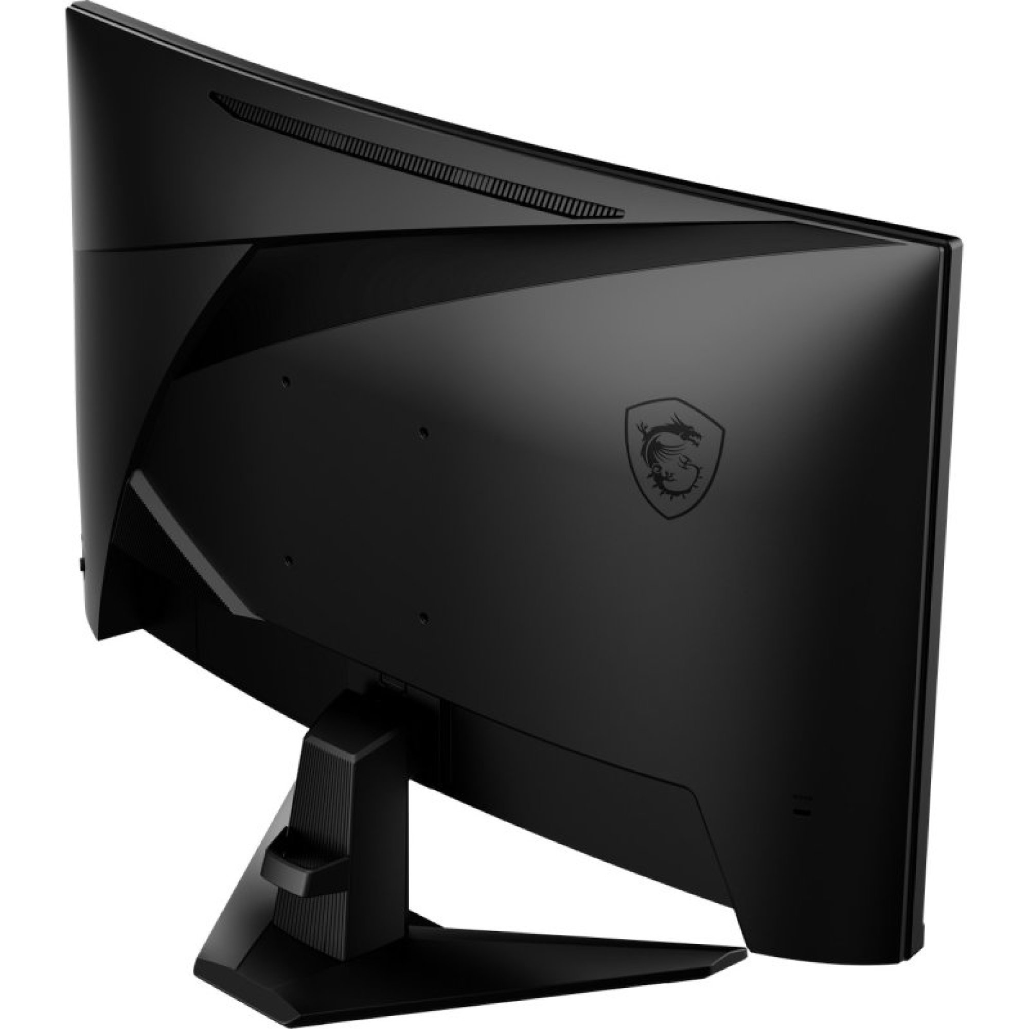 Vista posteriore di un monitor per computer curvo MSI nero con supporto su sfondo bianco.