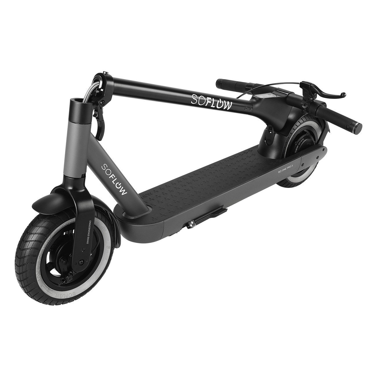 Ein schwarzer SoFlow E-Scooter mit klappbarem Lenker und großen Reifen vor weißem Hintergrund.