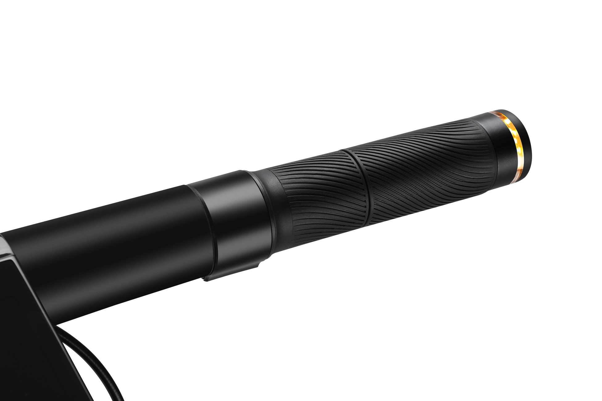 Nahaufnahme eines schwarzen E-Scooter-Lenkers mit geripptem Griff und leuchtendem Blinker am Ende.
