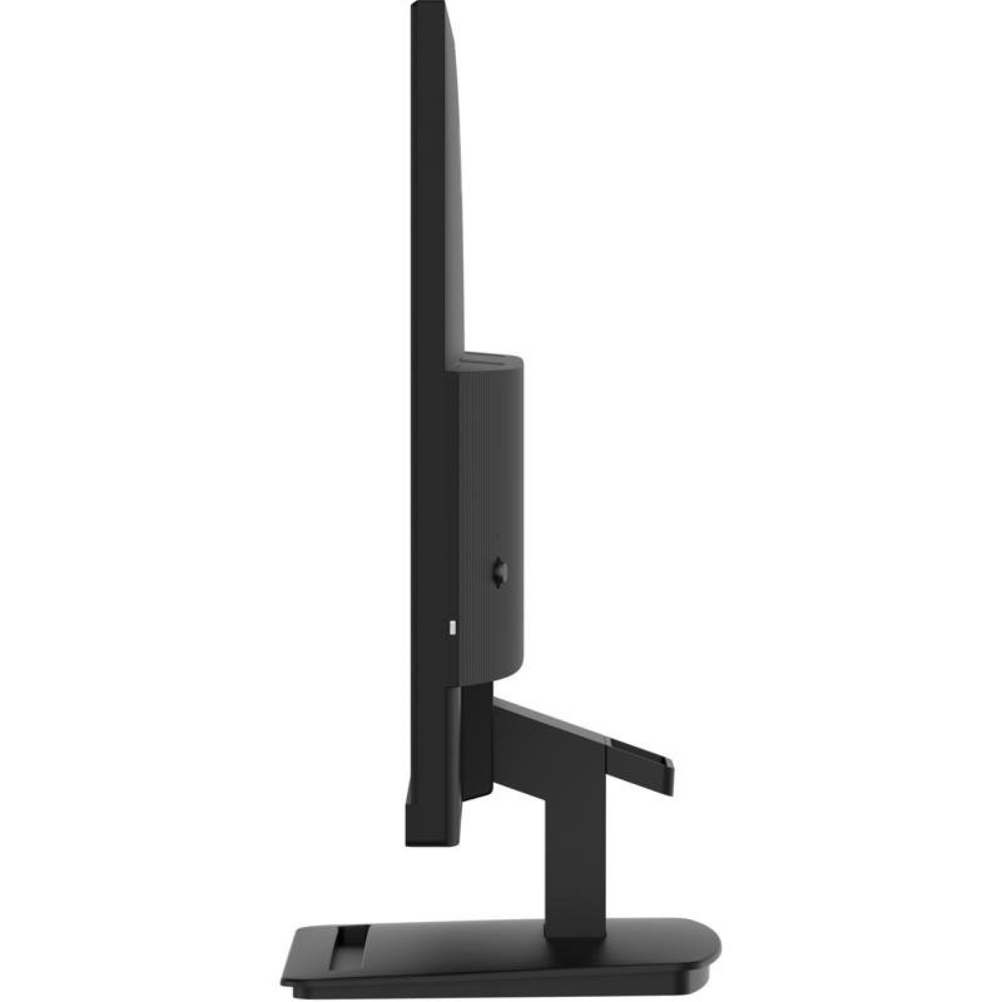 Vista laterale di un sottile monitor per computer nero su una base robusta con sfondo bianco.