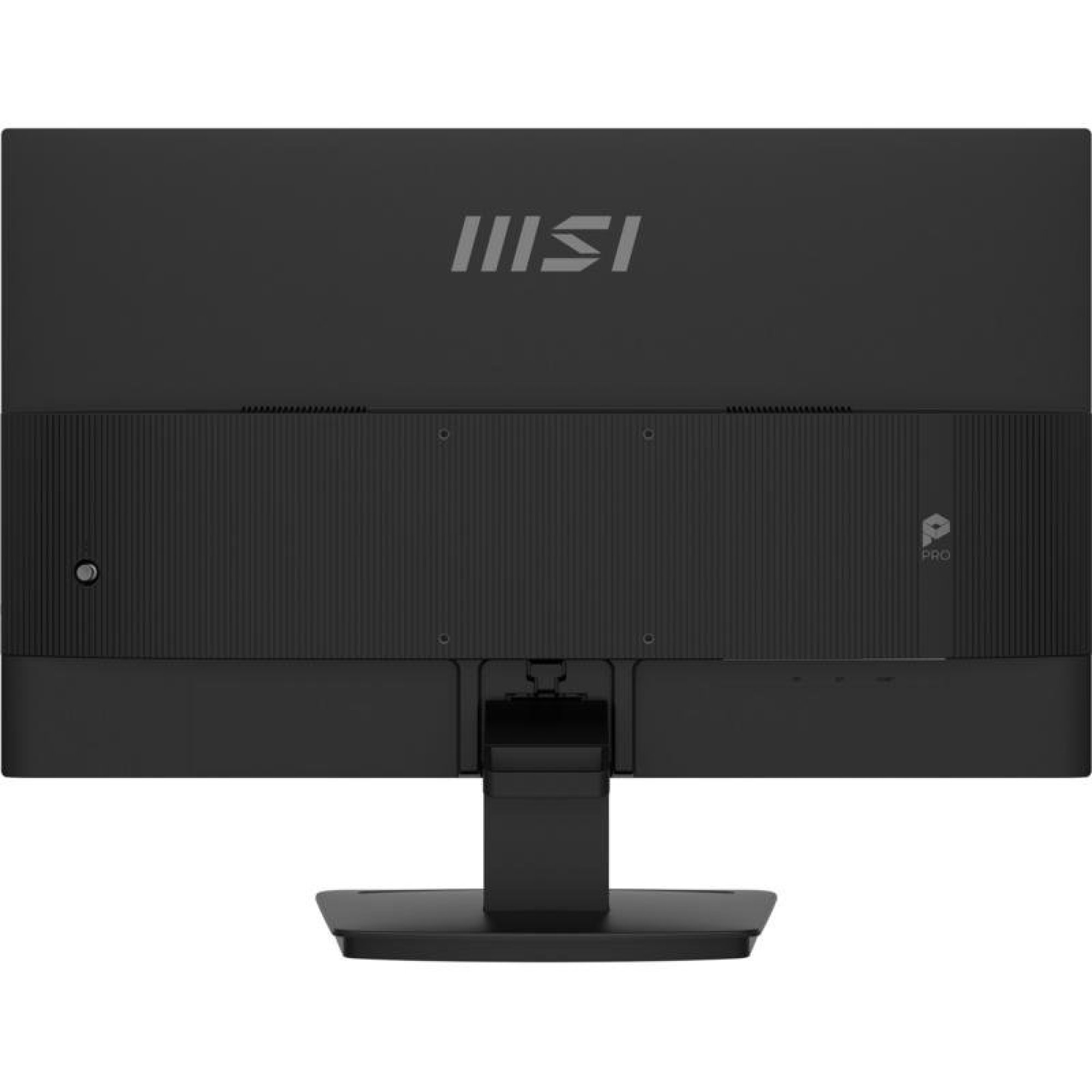 Vista posteriore di un monitor MSI Pro nero con supporto su sfondo neutro.
