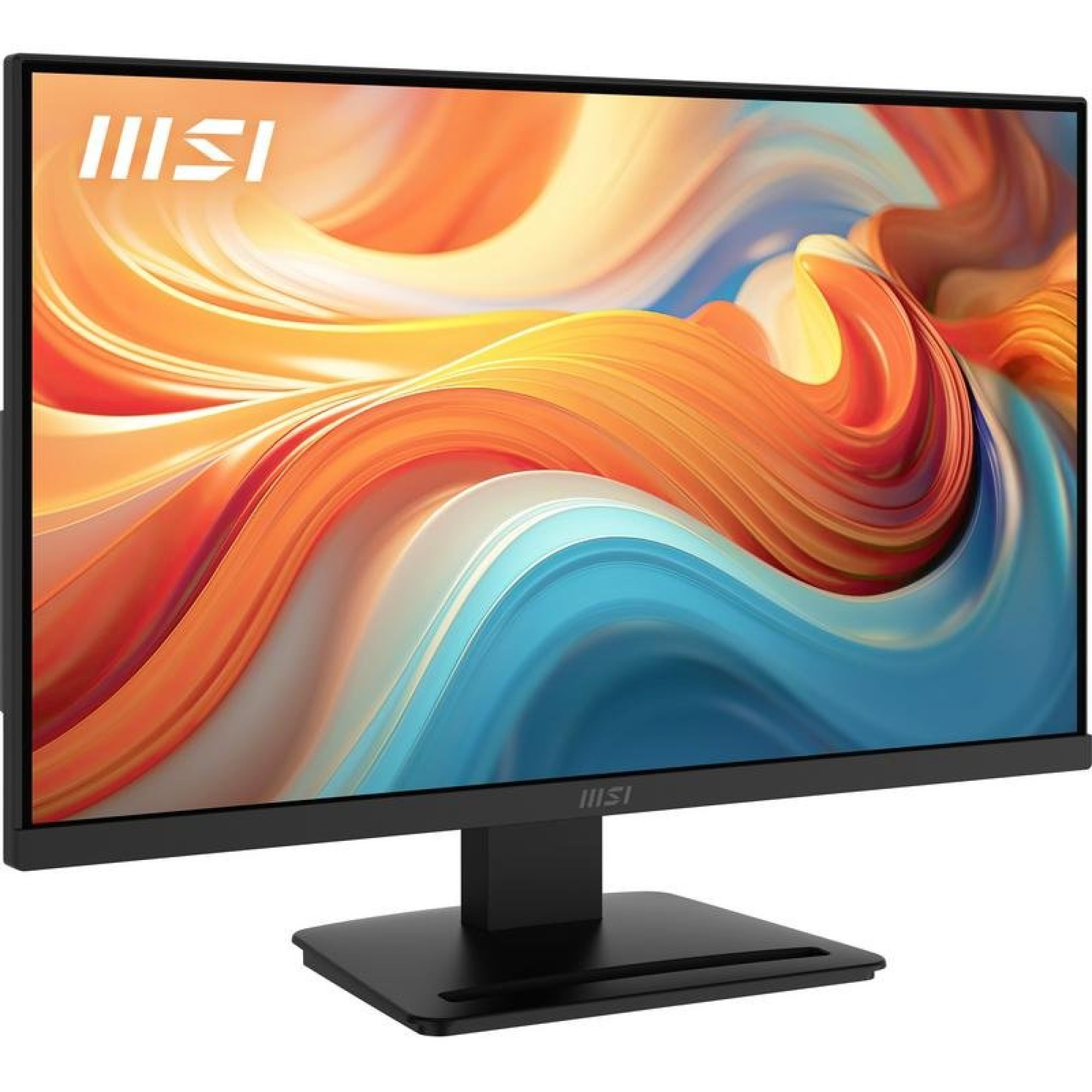 Un monitor per computer MSI che mostra uno sfondo a onde astratte colorate su un supporto nero.
