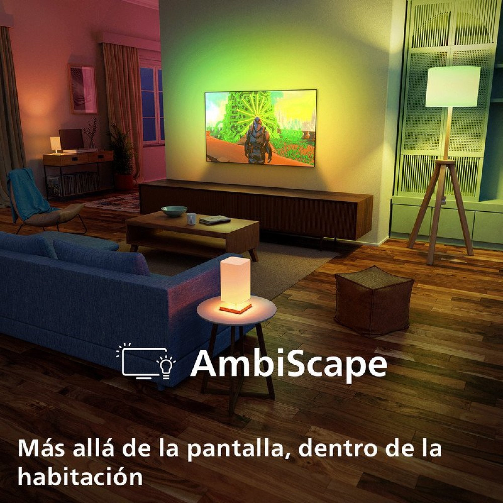 Acogedora sala de estar con iluminación ambiental, televisor y muebles de madera.