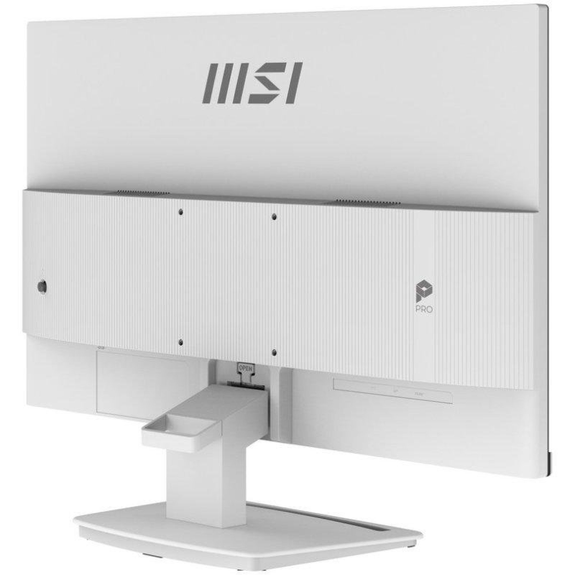 Retro di un monitor MSI PRO bianco con supporto e logo in alto.