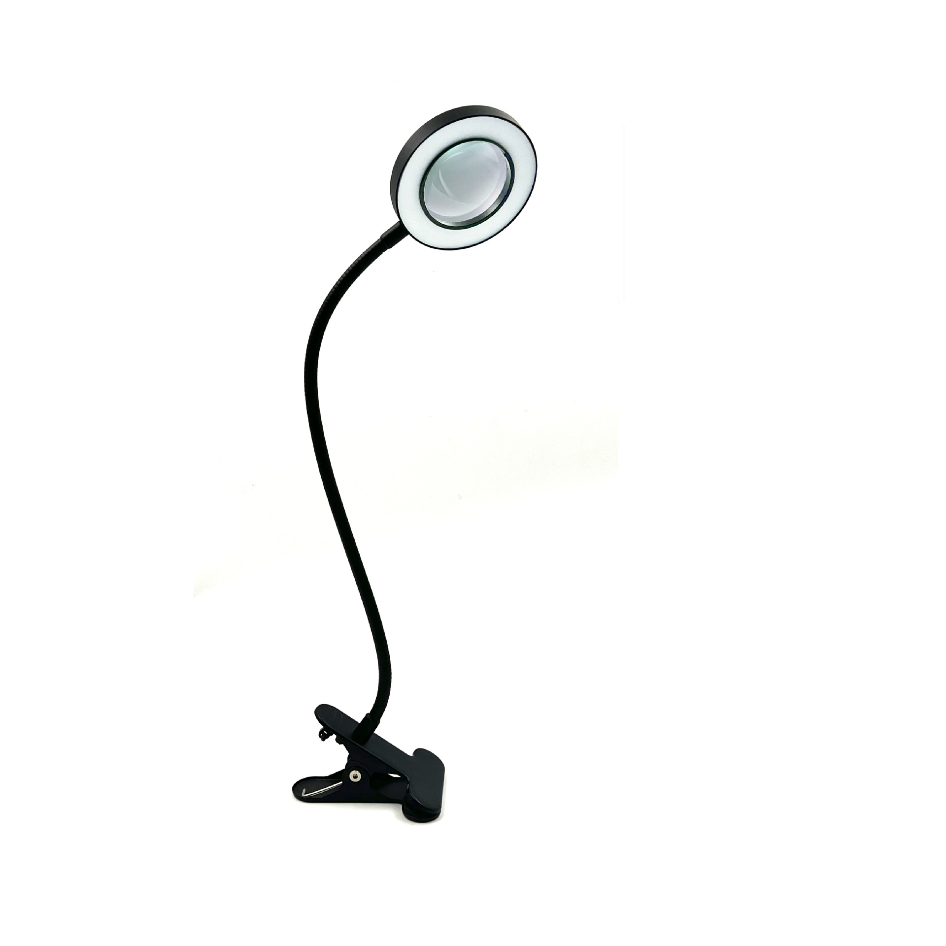 Eine schwarze Klemmlampe mit flexiblem Hals und runder LED-Lupe auf weißem Grund.