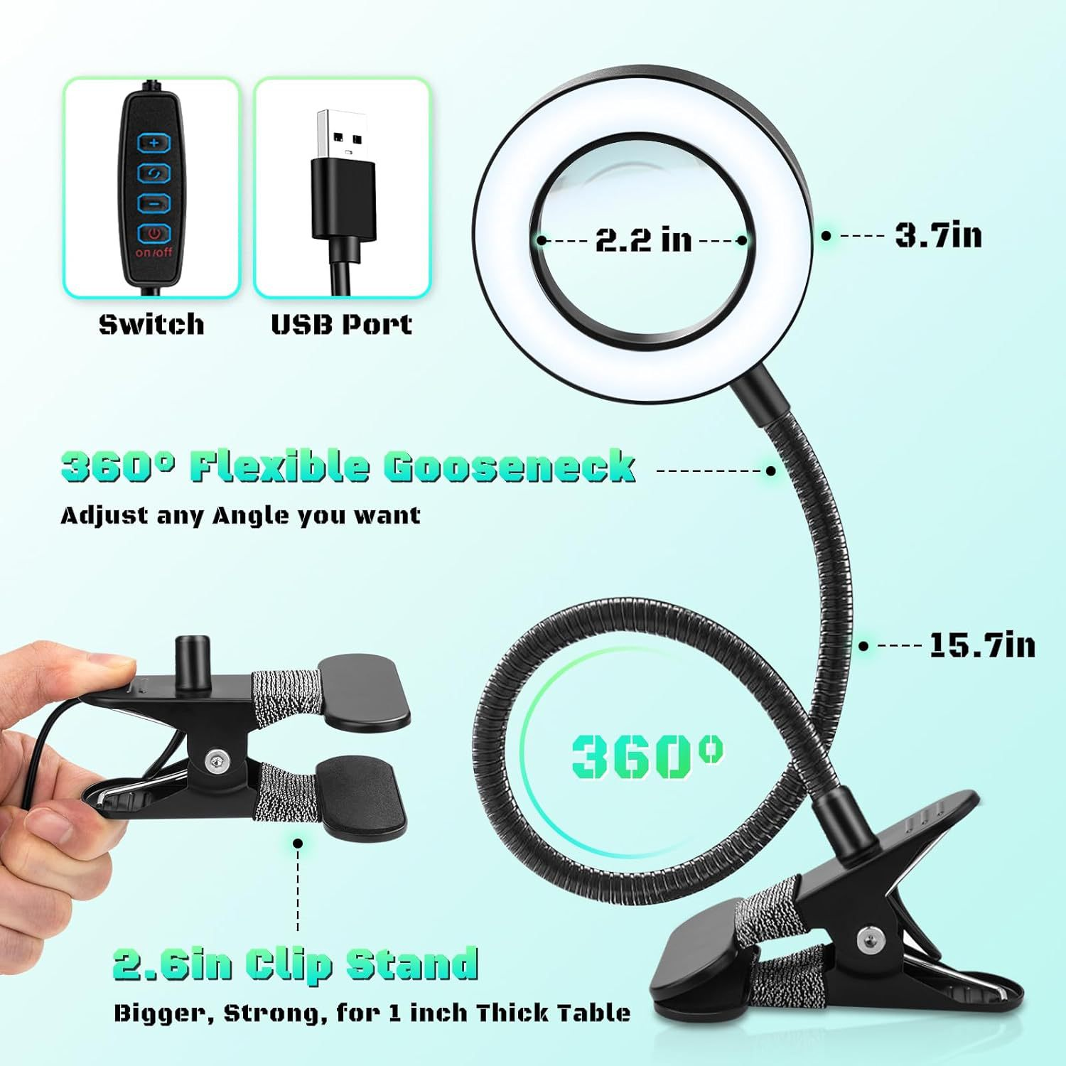 Produktdiagramm einer Ringleuchte mit Schwanenhals, Clip-Ständer, USB-Anschluss und Schalter sowie Abmessungen.