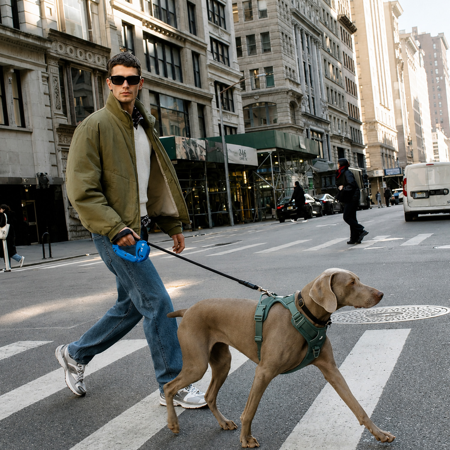 Un hombre con chaqueta verde y gafas de sol pasea un perro gris por un paso de peatones.