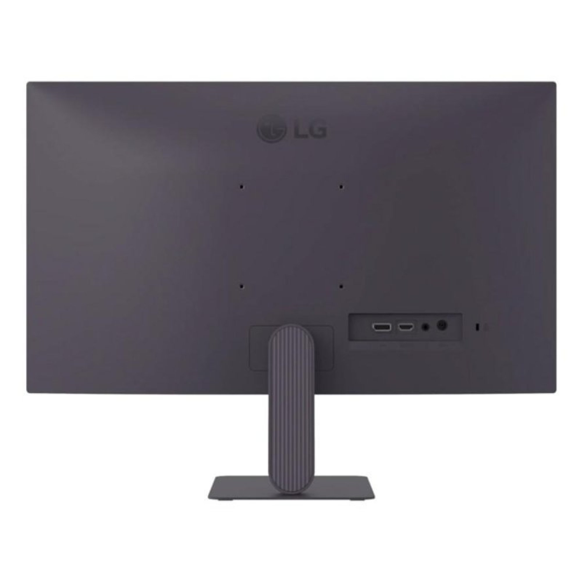 Vista posteriore di un monitor LG grigio scuro con porte e supporto.