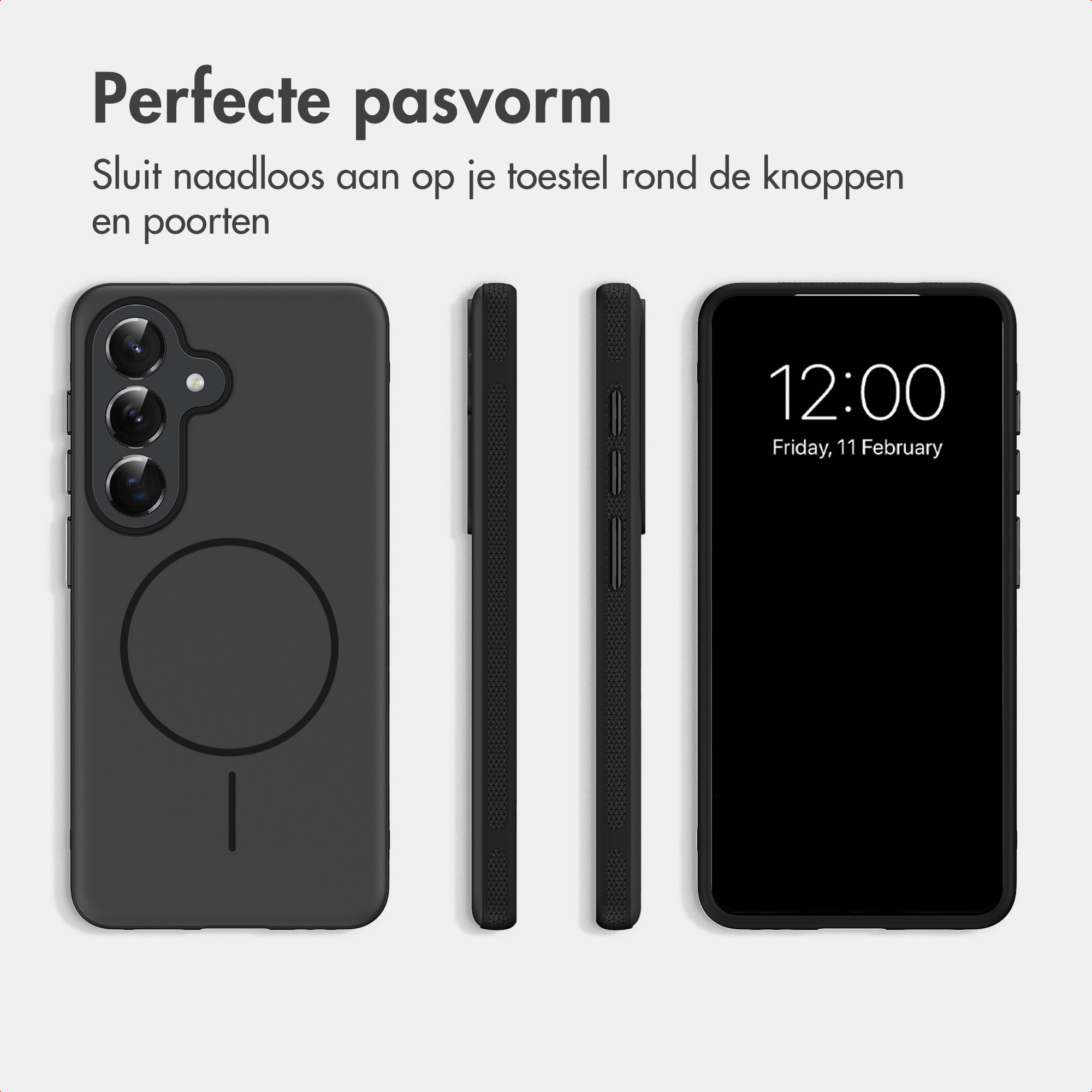 Ein schwarzes Smartphone in Schutzhülle von hinten, der Seite und vorn vor hellem Hintergrund.