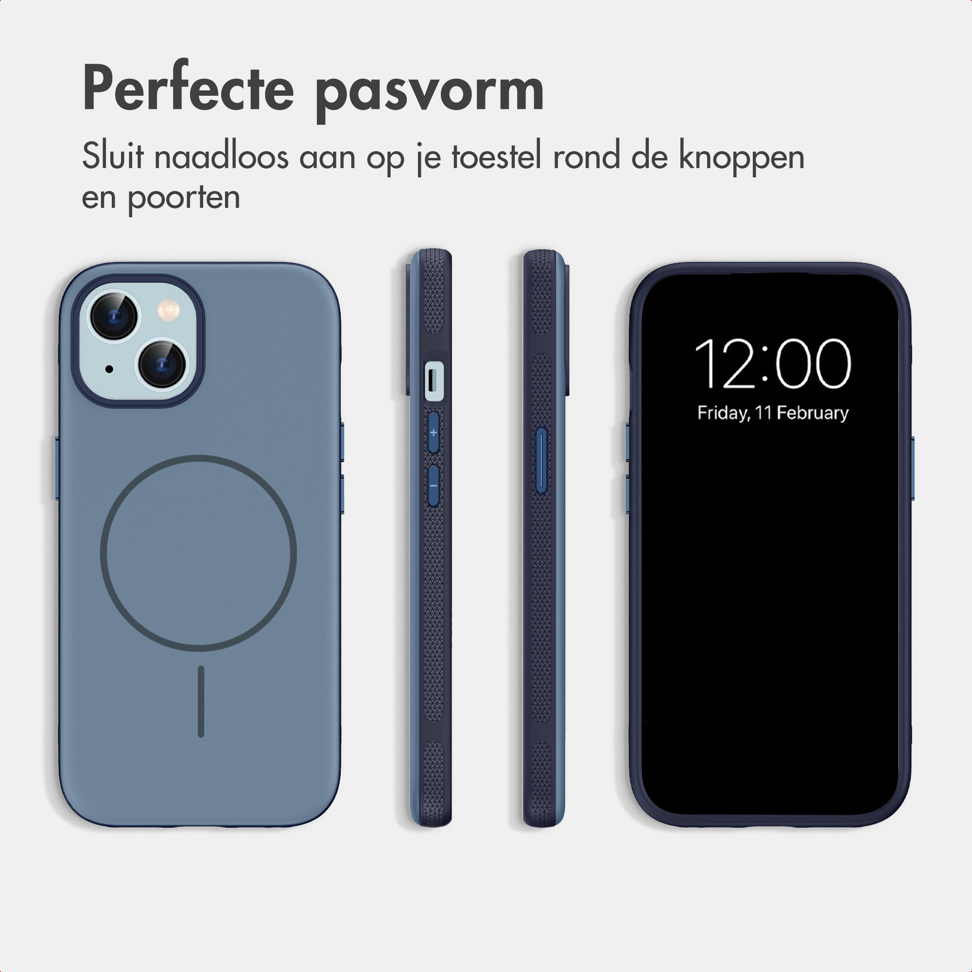 Blauwe smartphonehoes vanuit meerdere hoeken getoond met magnetische ring en knopuitsparingen.