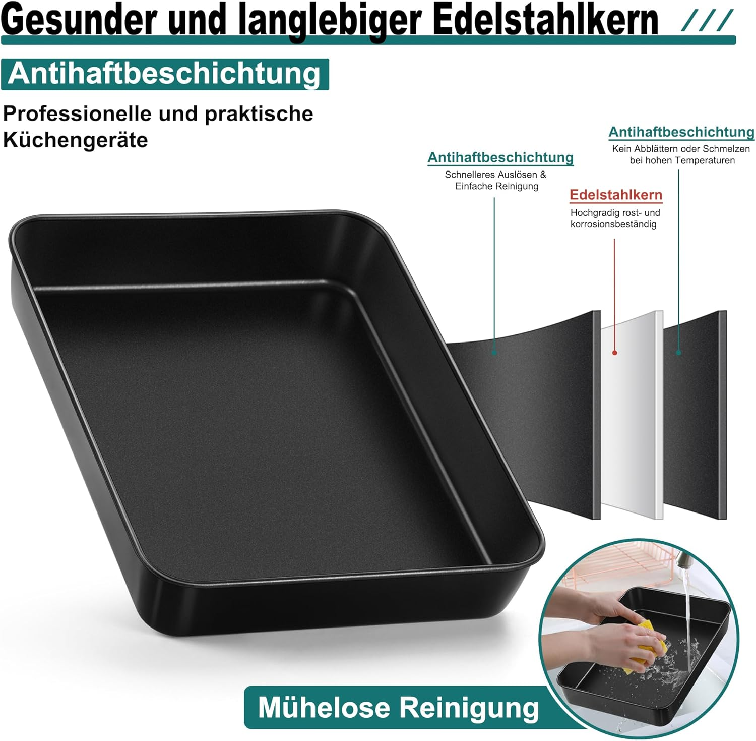 Schwarze Backform mit Antihaftbeschichtung und Edelstahkern, zeigt Materialschichten und einfache Reinigung.