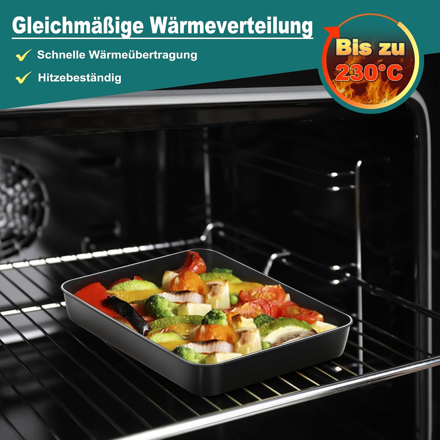 Gemüse in einer Backform im Ofen, mit Text über gleichmäßige Wärmeverteilung.
