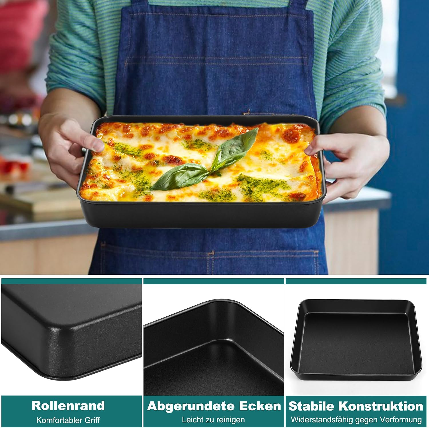 Eine Person in blauer Schürze hält eine gebackene Lasagne in einer schwarzen Form, mit Nahaufnahmen.