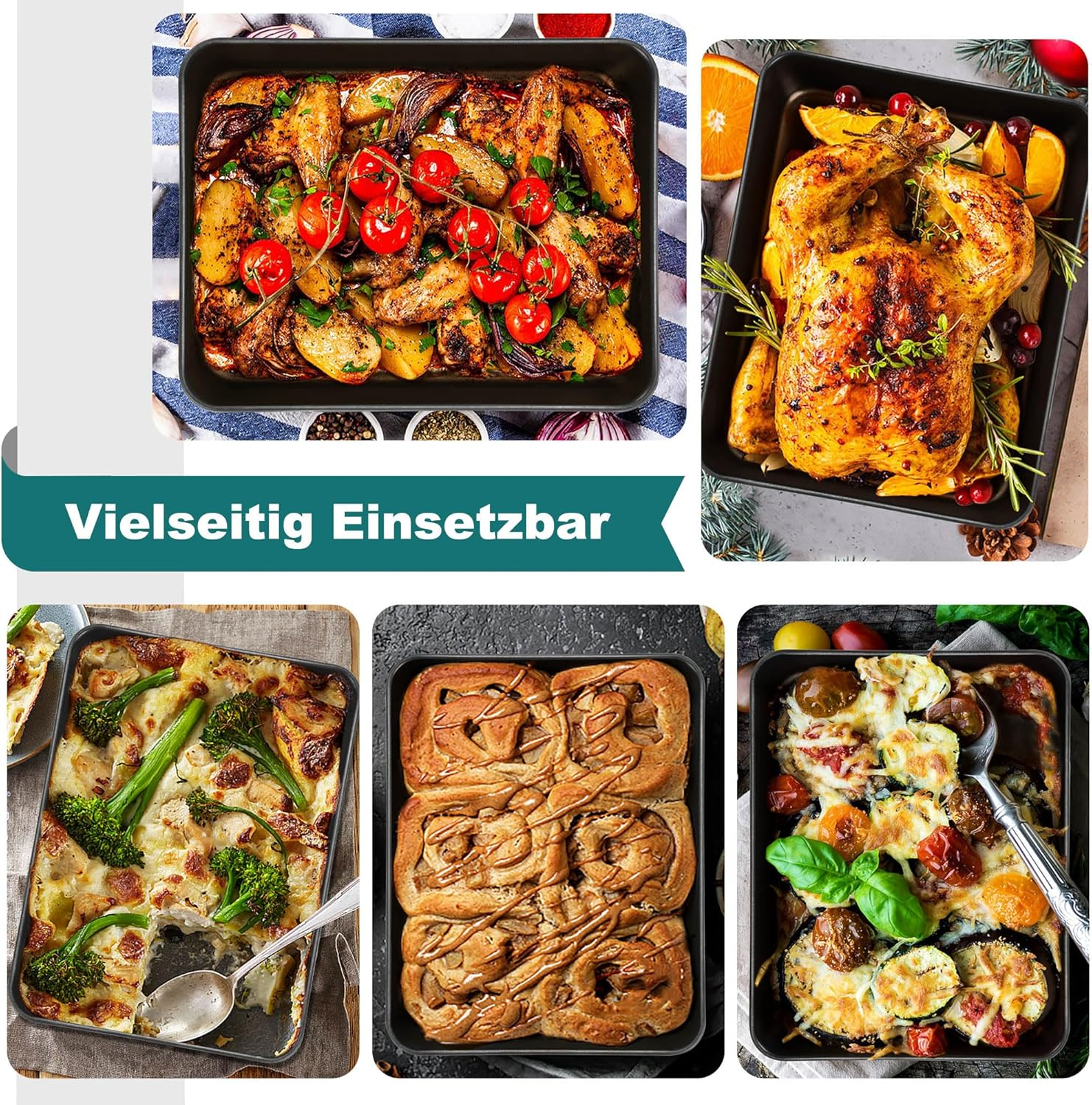 Verschiedene Gerichte in rechteckigen Backformen: Hähnchen, Kartoffeln, Auflauf und Zimtschnecken.