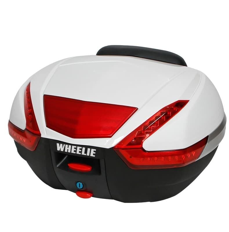 Beyaz arka plan üzerinde kırmızı stop lambaları ve WHEELIE markası olan siyah-beyaz motosiklet üst çantası.