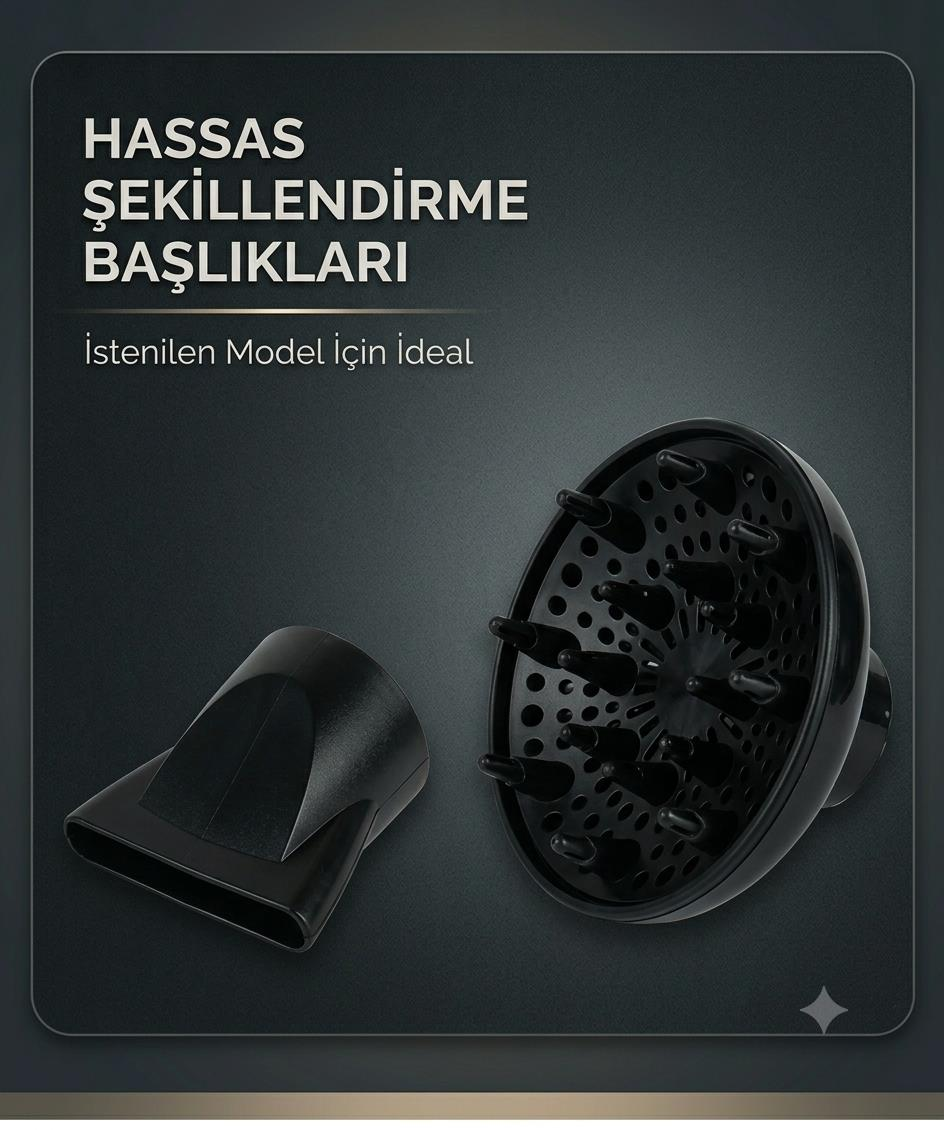 Gri arka plan ve yazılı siyah saç kurutma makinesi başlıkları ve difüzör.