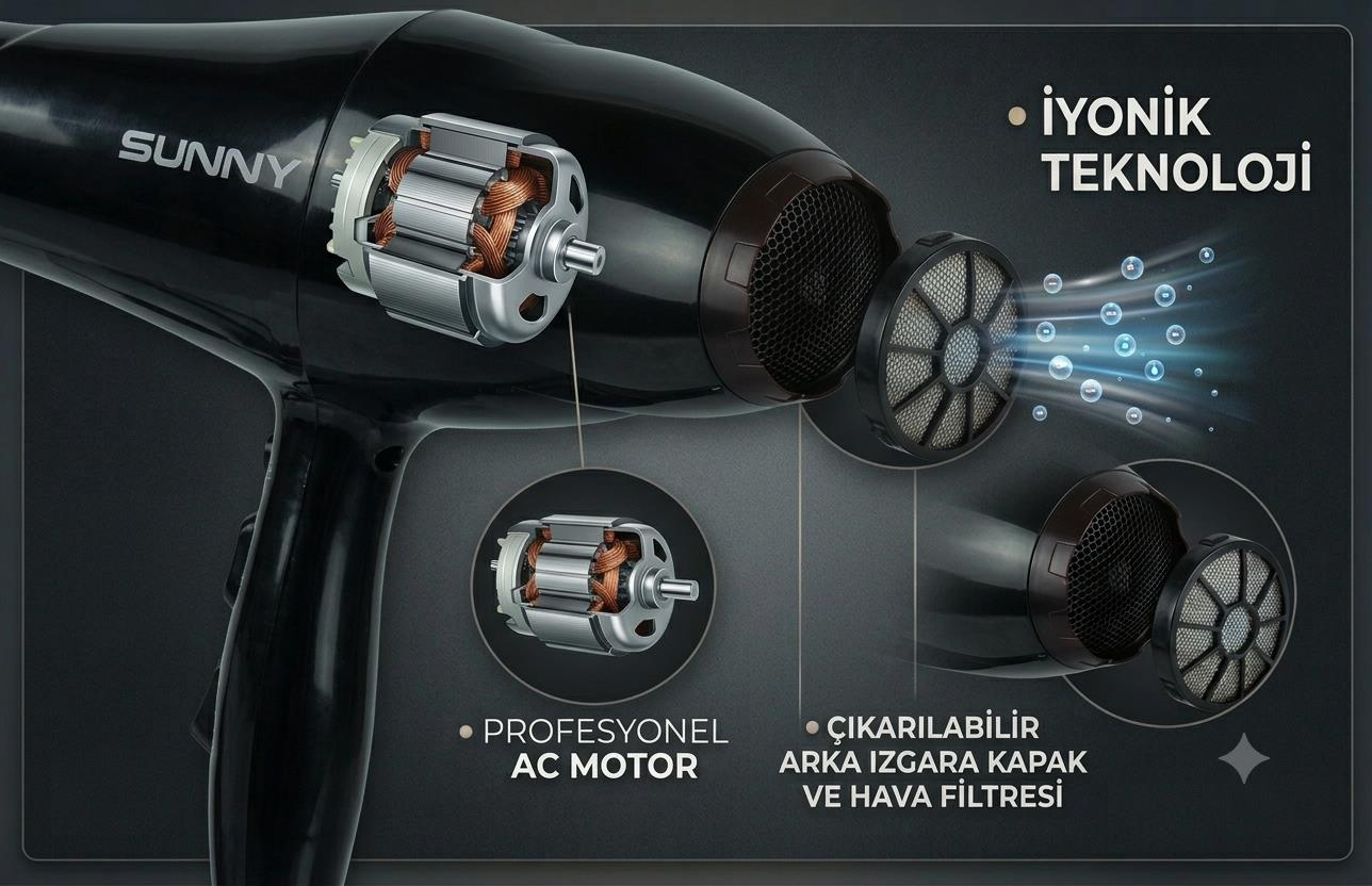 Profesyonel AC motor, iyonik teknoloji ve çıkarılabilir arka filtre kapağına sahip siyah saç kurutma makinesi.
