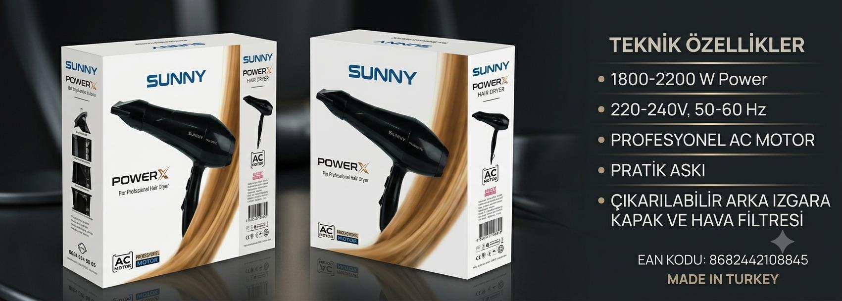Siyah arka planda iki beyaz Sunny PowerX saç kurutma makinesi kutusu ve teknik özellikler.