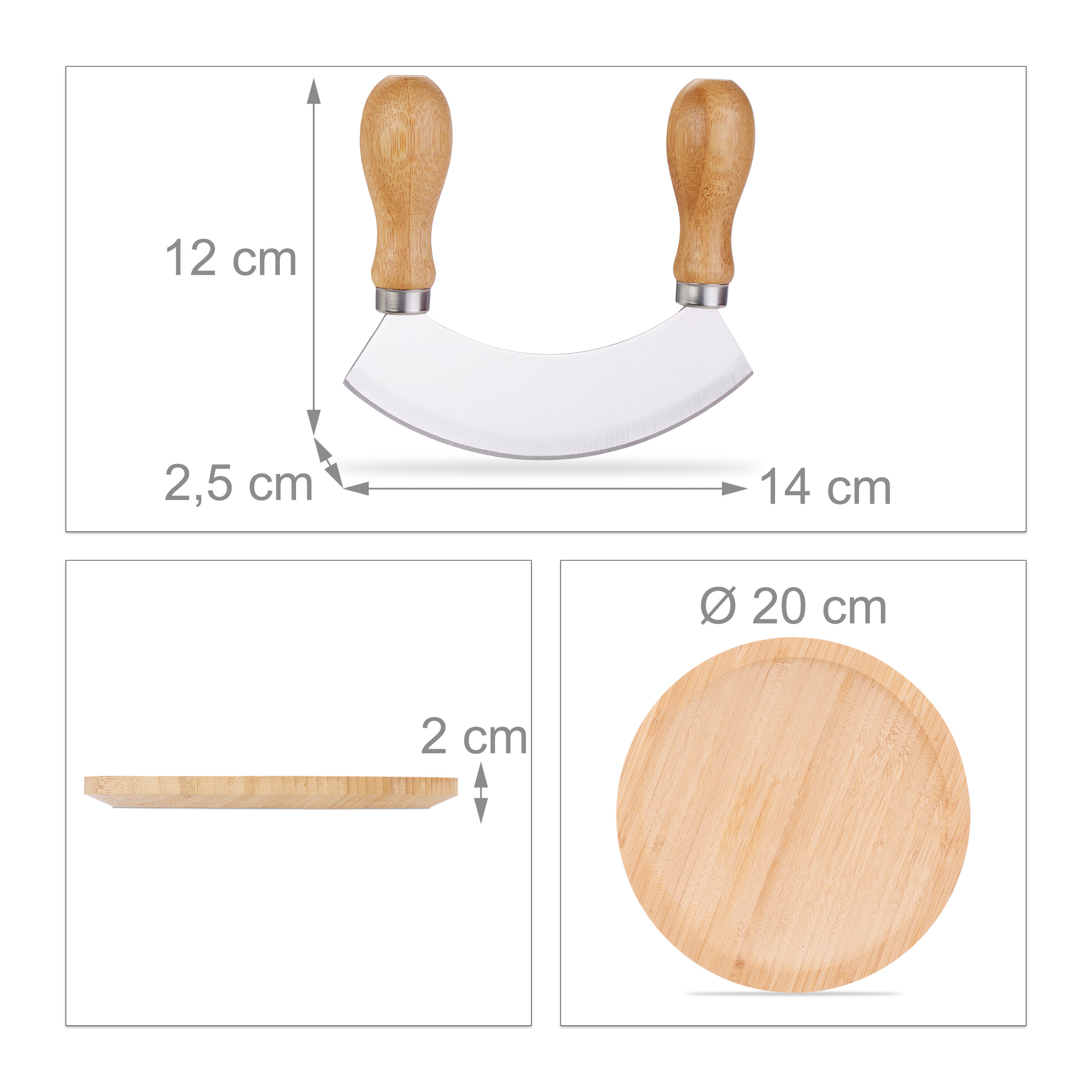 Wiegemesser mit zwei Holzgriffen und passendem runden Holzschneidebrett mit Maßangaben.