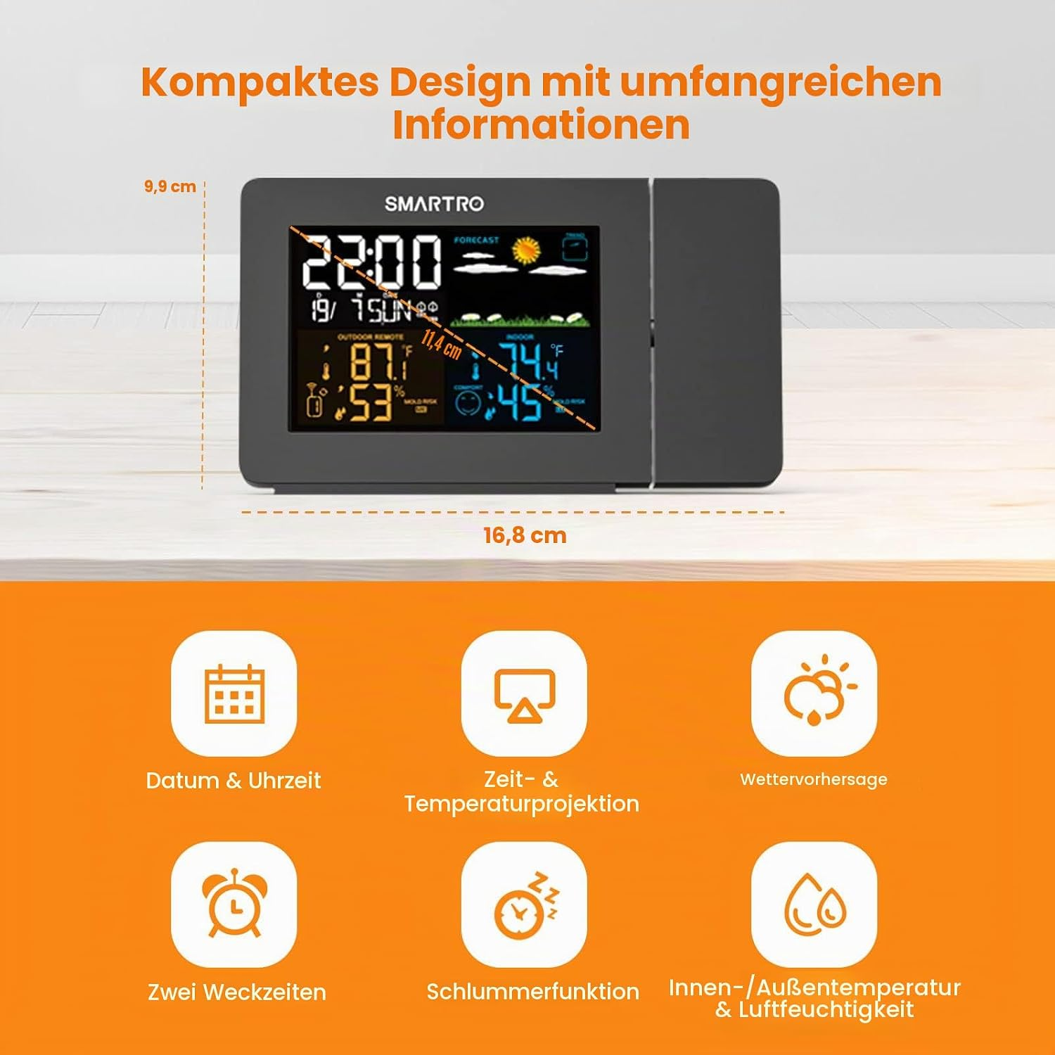 Smartro digitale Wetteruhr auf Holztisch mit Anzeige von Zeit, Temperatur und Vorhersage sowie Maßen.