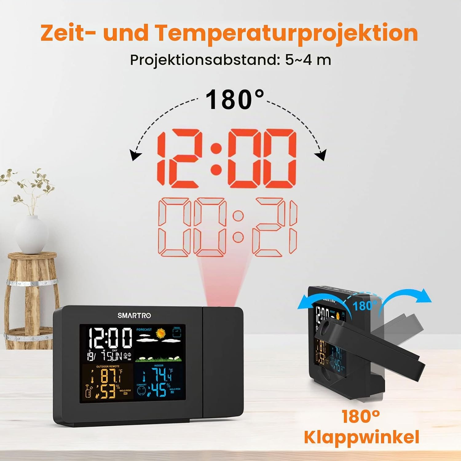 Digitale Wetterstation mit roter LED-Zeitprojektion und 180-Grad-Klappwinkel.