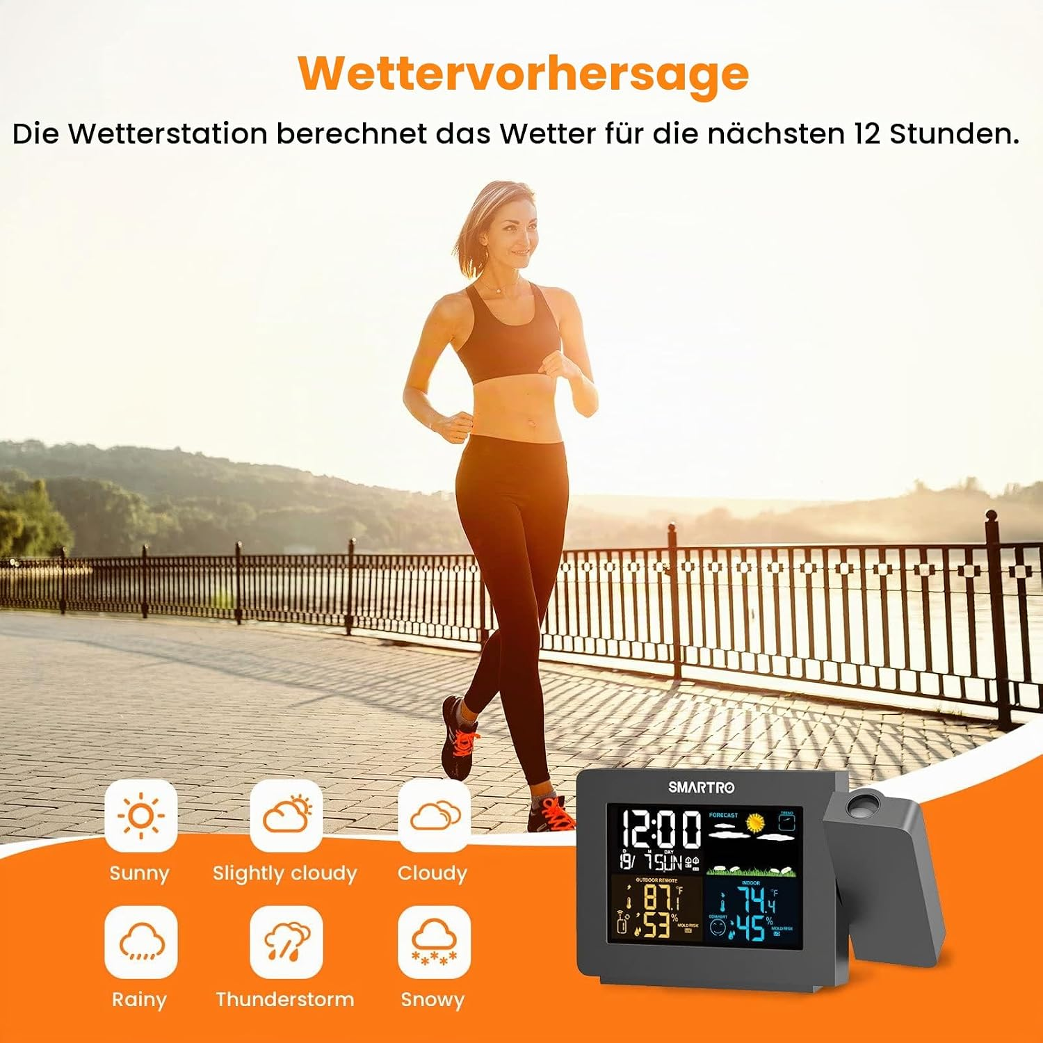 Eine Frau läuft am Flussufer, im Vordergrund ist eine Wetterstation mit Icons und Zeitangabe zu sehen.