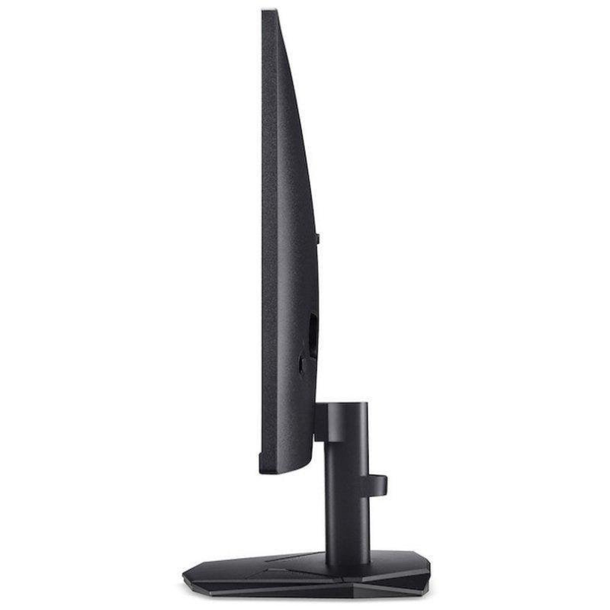 Vista laterale di un sottile monitor nero per computer su un solido supporto con sfondo bianco.