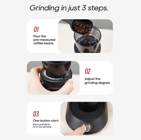 Drei Schritte des Kaffeemahlens: Bohnen einfüllen, Mahlgrad einstellen, Startknopf drücken.